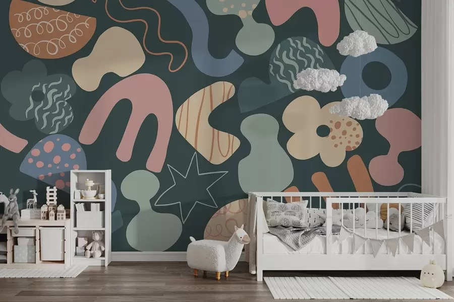 fototapet Figuri geometrice cu doodles desen, juvenil, fundal verde închis w04068v3