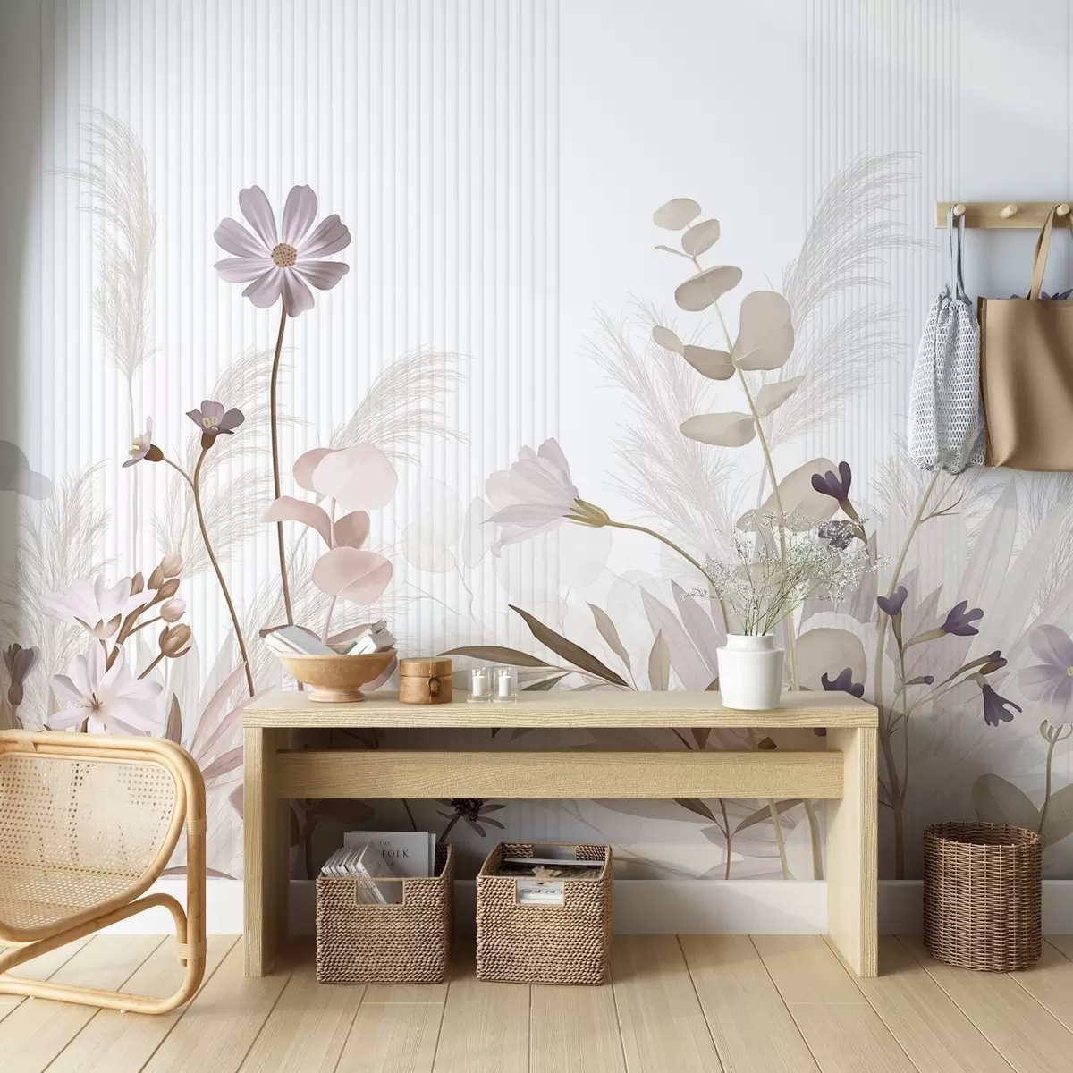 fototapet Flori în culori pastelate, frunze maro deschis, fundal alb cu linii verticale, elegant și minimalist w09161