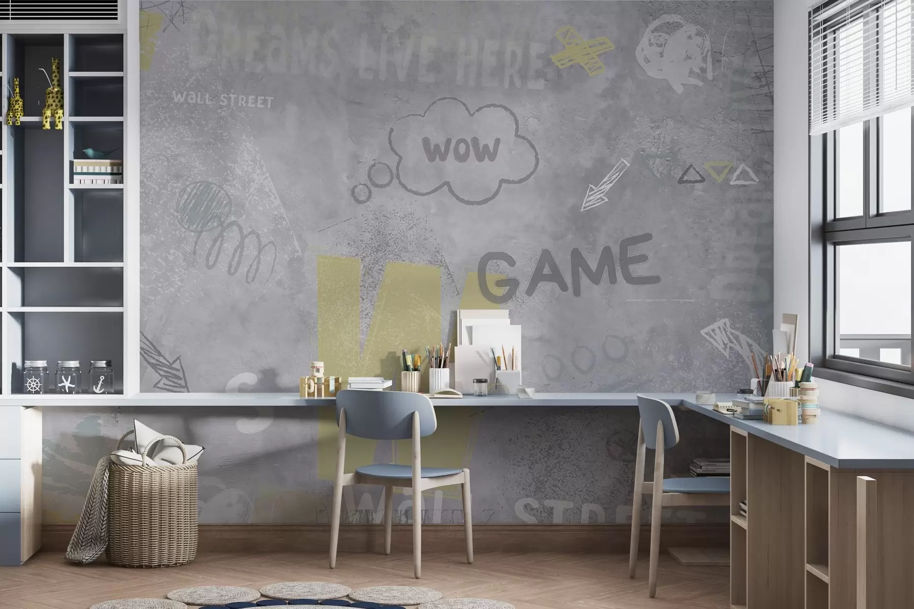 fototapet Design în stil street art cu inscripții de culoare galbenă pe fundalul peretelui de beton w04056