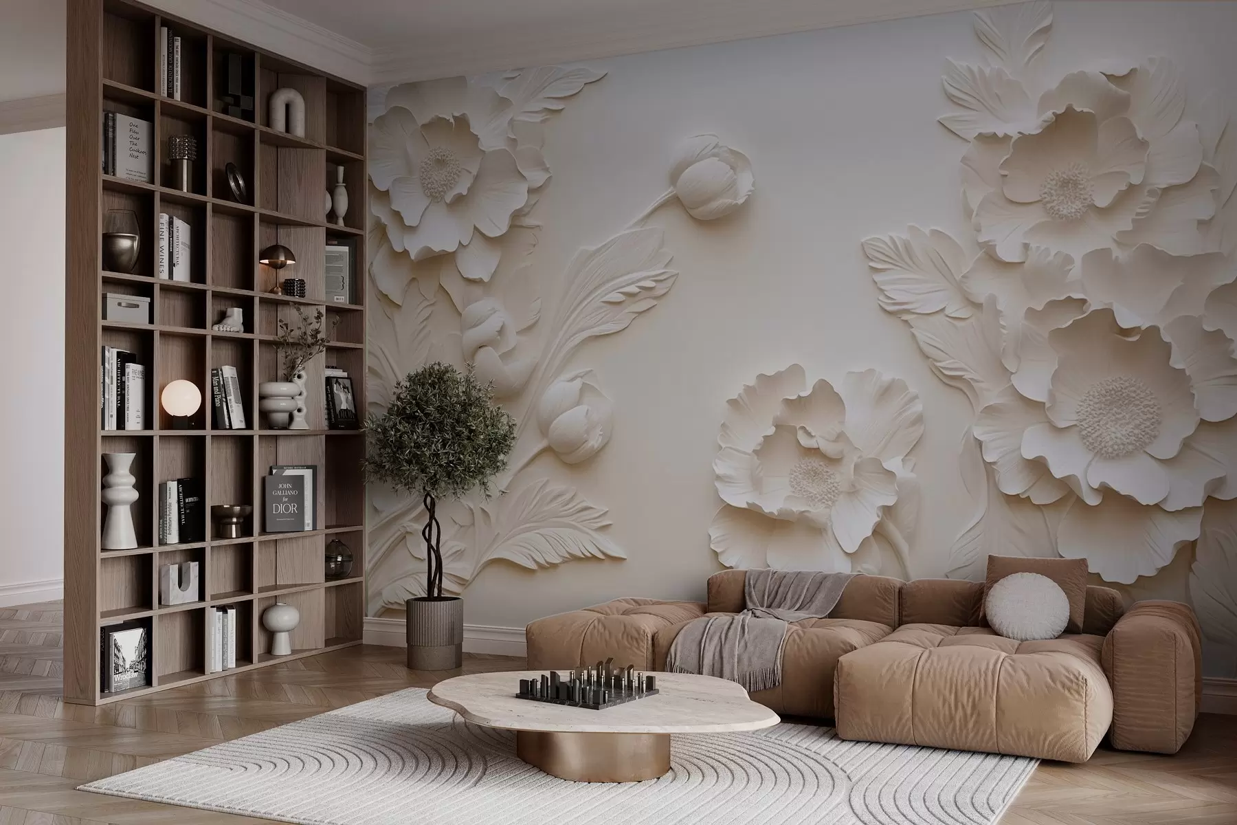 fototapet Bas-relief stil flori în culori pastelate w04060