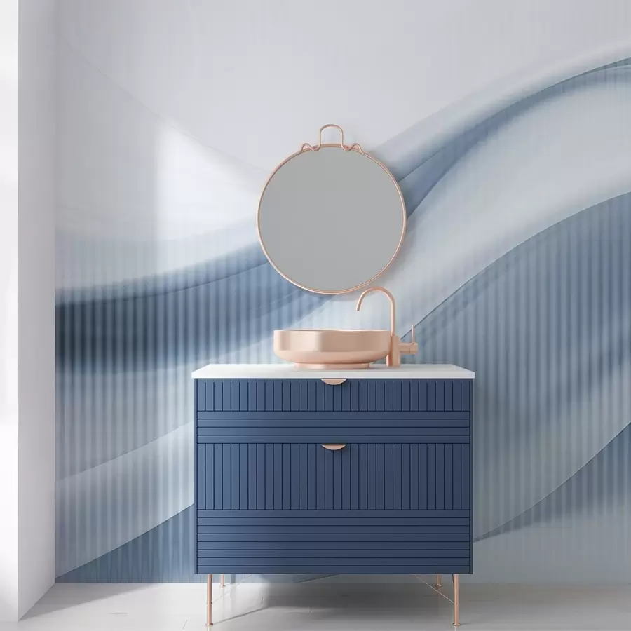 fototapet Imprimeu abstract cu linii fluide și dungi verticale subtile, creând un sentiment de mișcare și profunzime, paletă albastră w09189v1