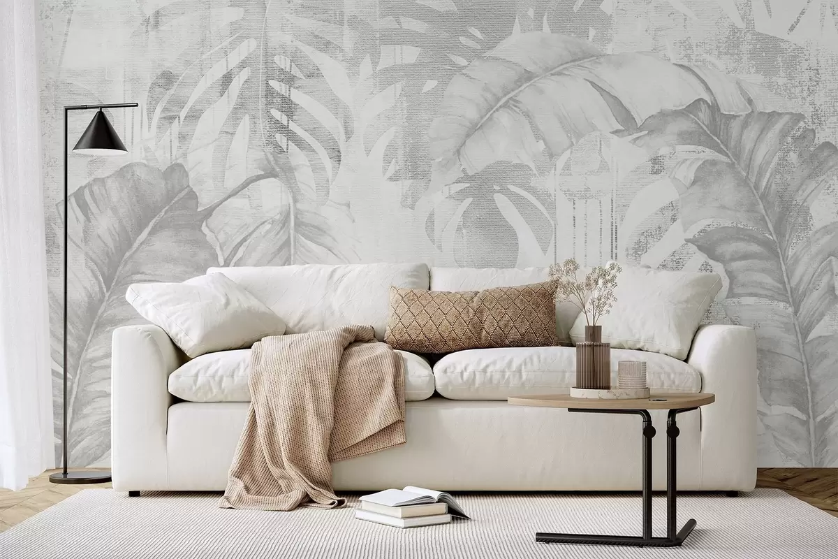 fototapet Frunze tropicale în stil grunge, nuanțe monocrome w03956v1