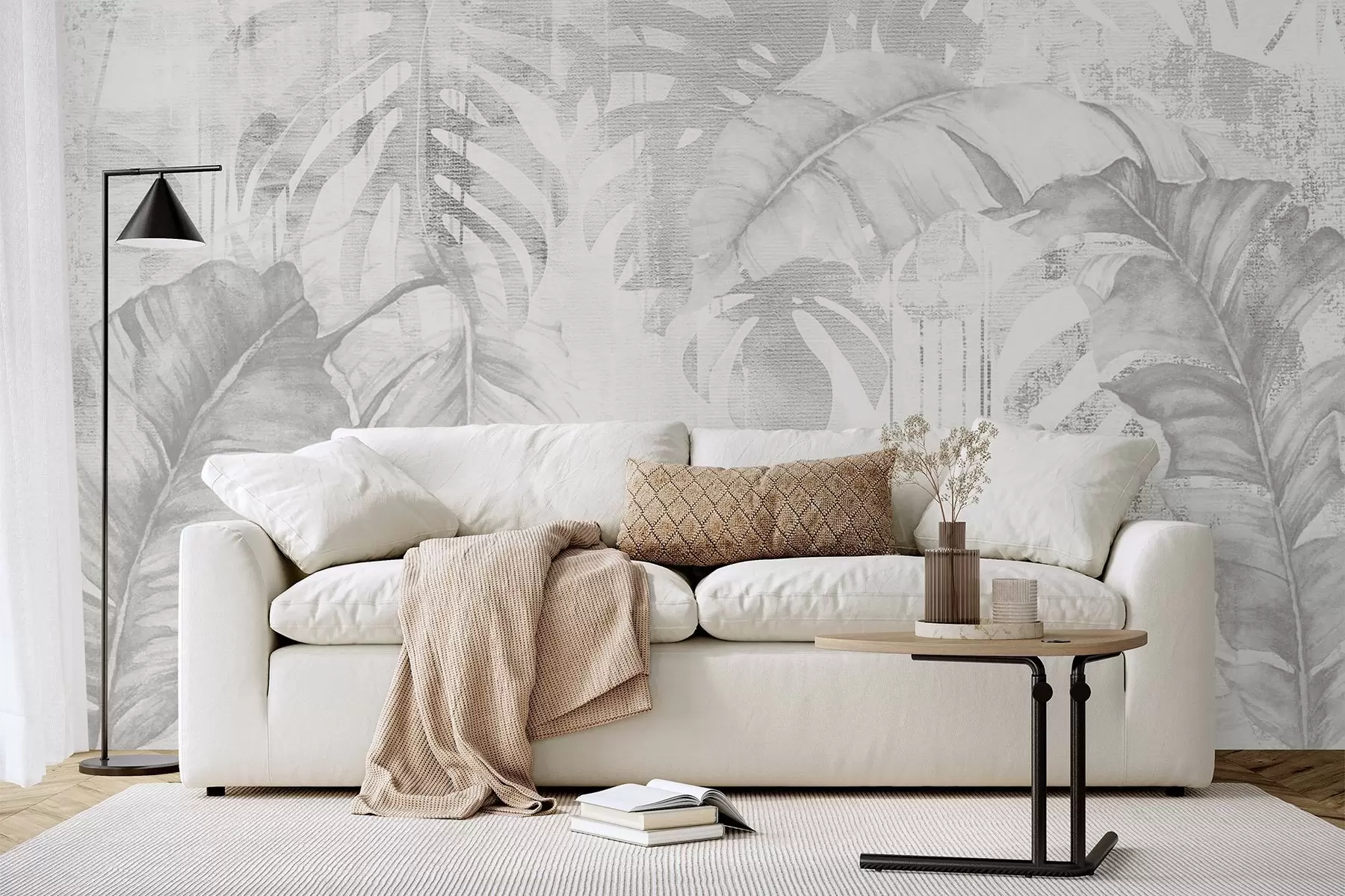 fototapet Frunze tropicale în stil grunge, nuanțe monocrome w03956v1