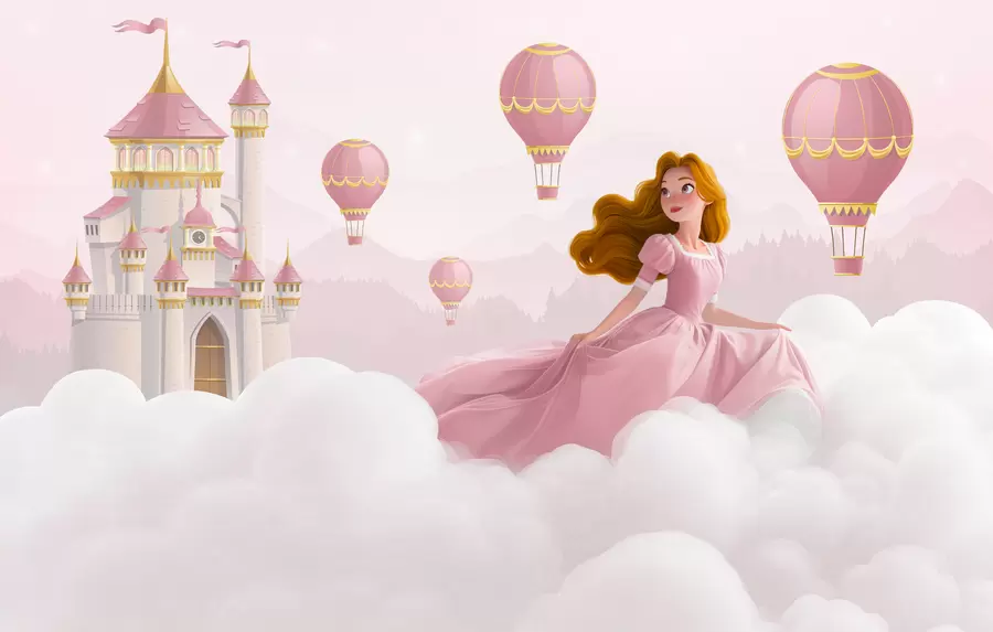 fototapet Prințesa printre nori pe fundalul peisajului cu castelul w04015v1