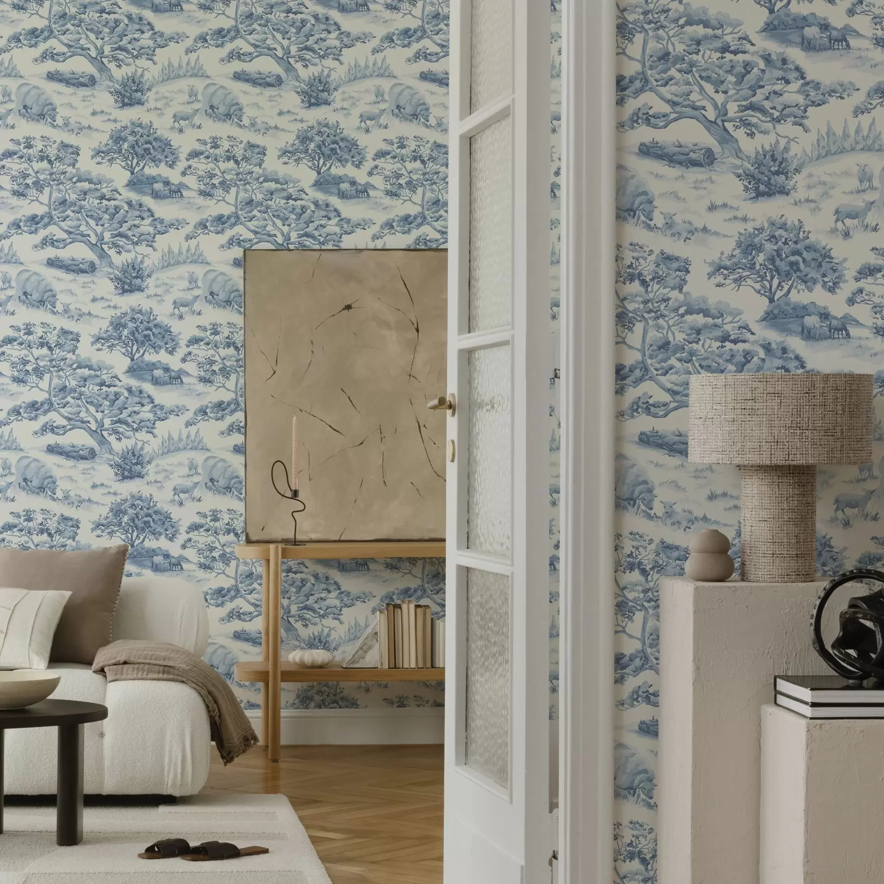 fototapet Peisaj rural în tonuri de albastru cu oi și copaci a00178