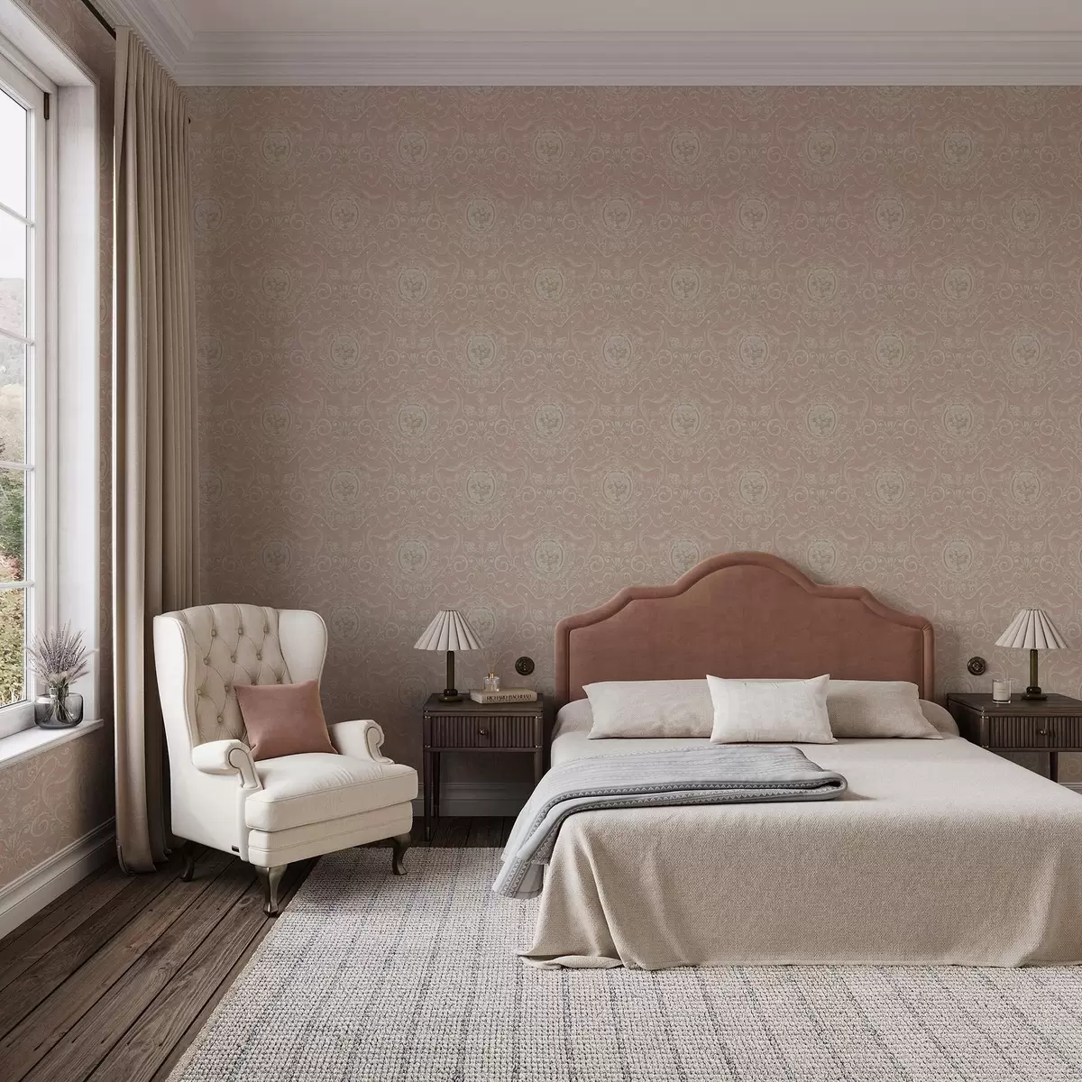 Wallpaper Model clasic roz cu medalioane și flori a00185