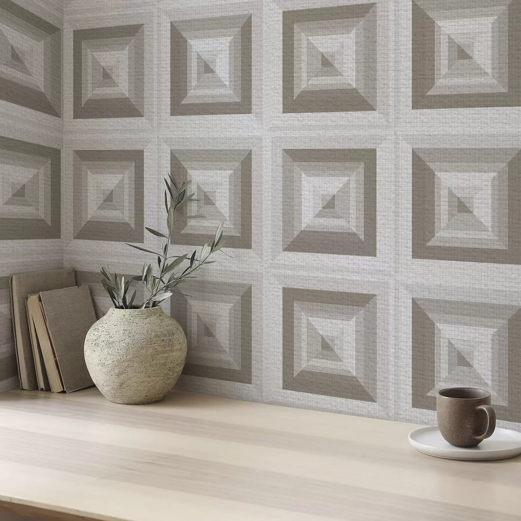 fototapet Model geometric tridimensional în gri și bej a00187