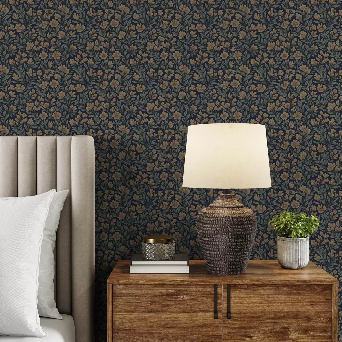 Wallpaper Flori portocalii pe un fundal albastru închis în stil vintage a00200