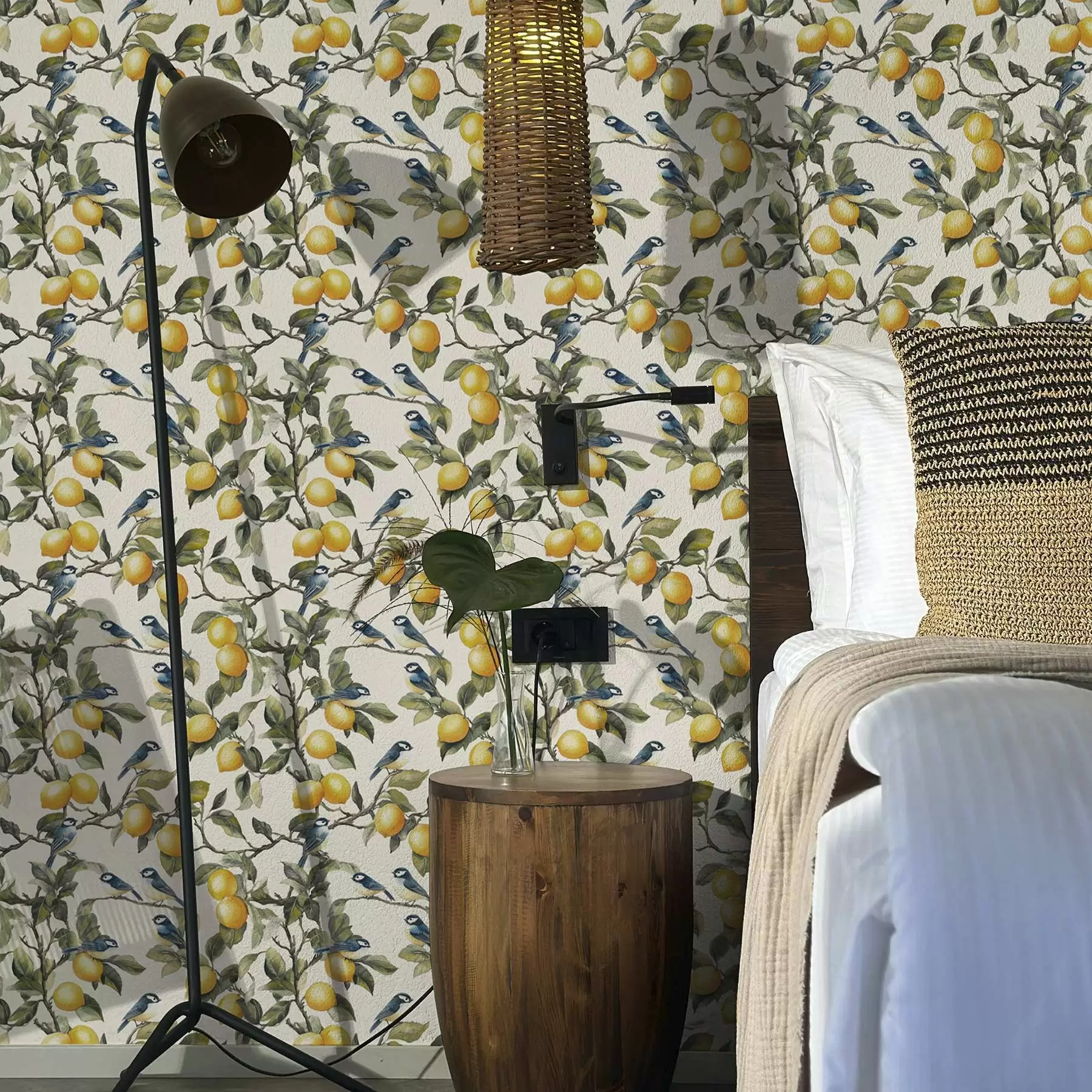 fototapet Păsări și lămâi pe ramuri, acuarelă desen botanic a00207