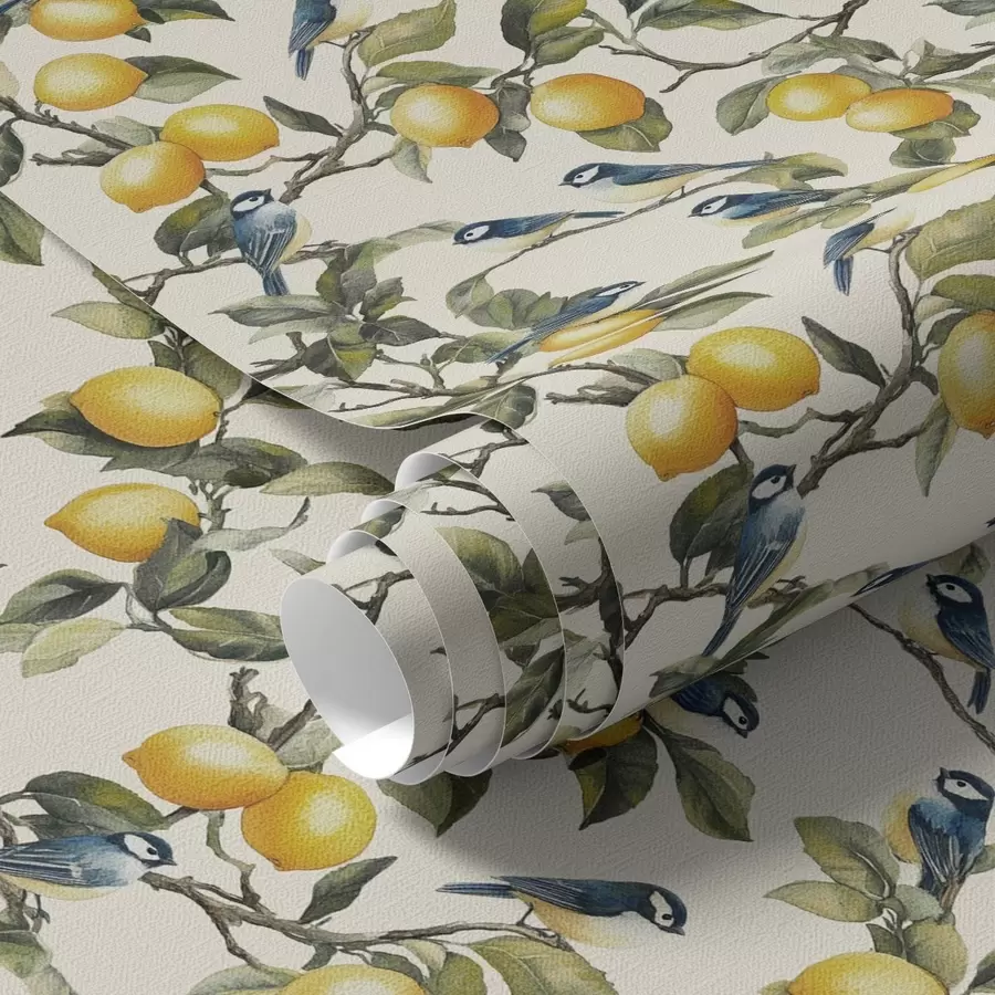 fototapet Păsări și lămâi pe ramuri, acuarelă desen botanic a00207