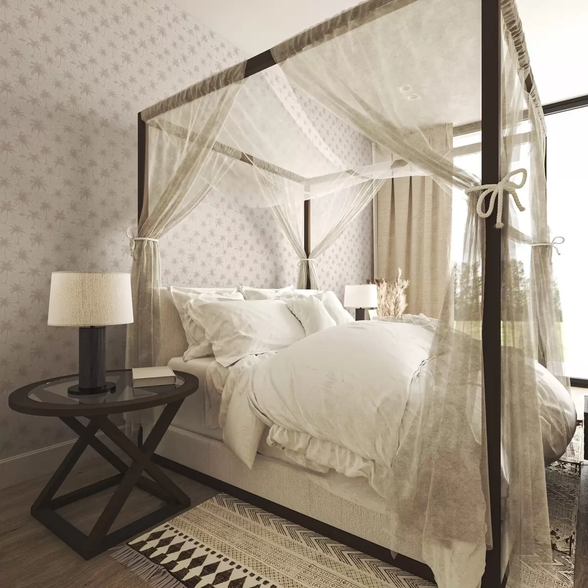 Wallpaper Palmieri cu simboluri etnice, ton roz pastel a00213