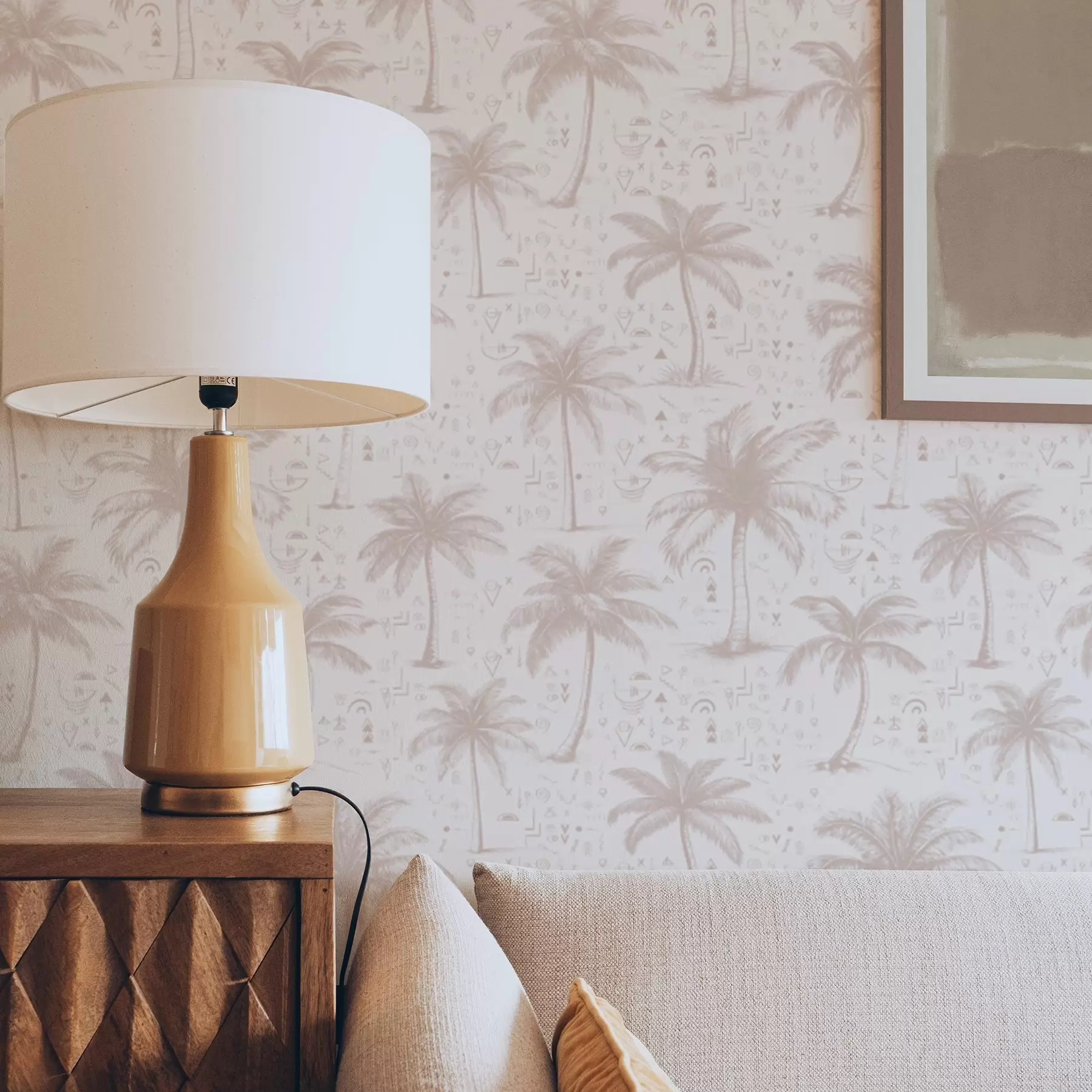 fototapet Palmieri cu simboluri etnice, ton roz pastel a00213