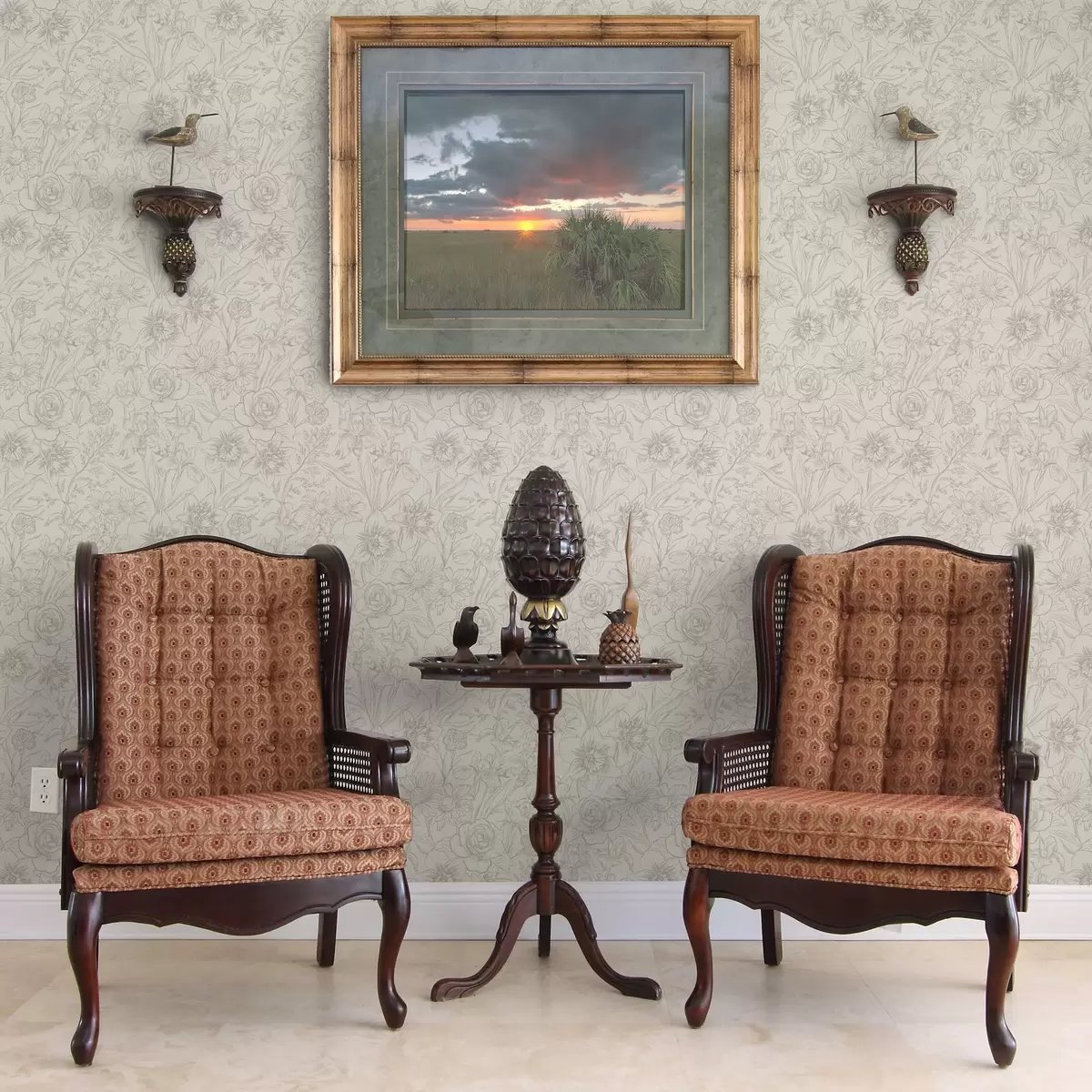 Wallpaper Contour flori pe un fundal crem, model floral delicat a00218