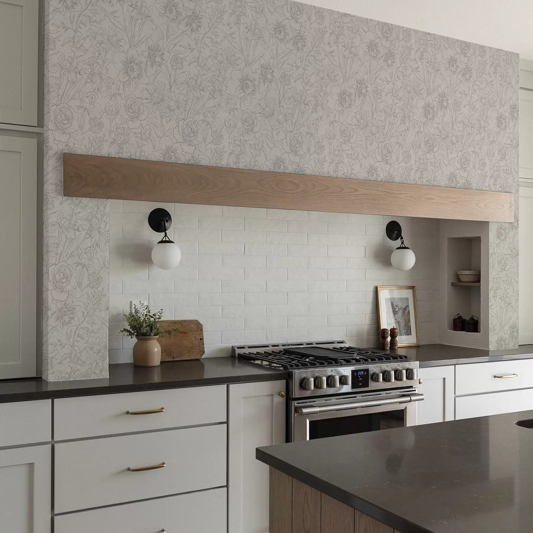 fototapet Contour flori pe un fundal crem, model floral delicat a00218