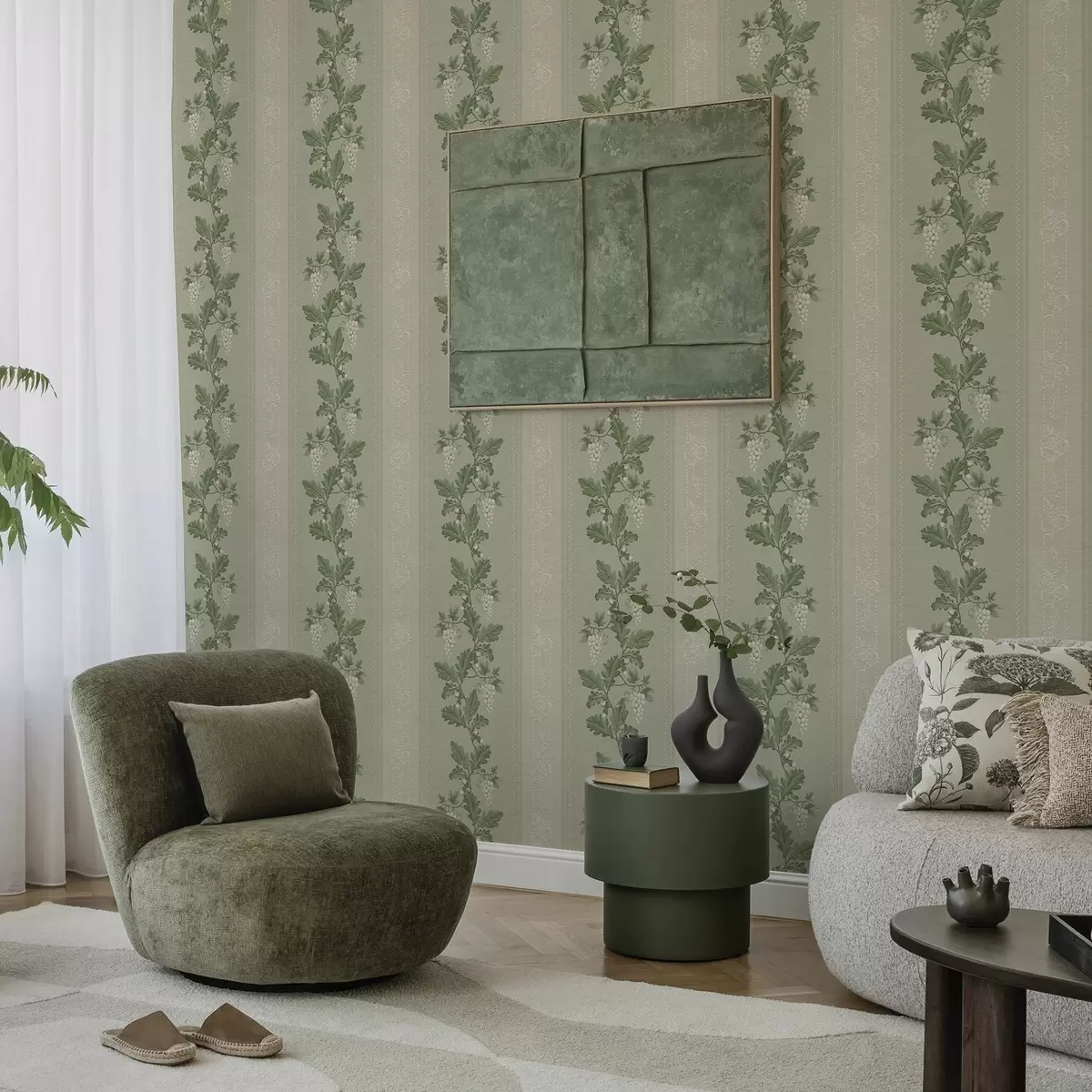 Wallpaper Ciorchini de struguri și dantelă, model clasic verde a00223