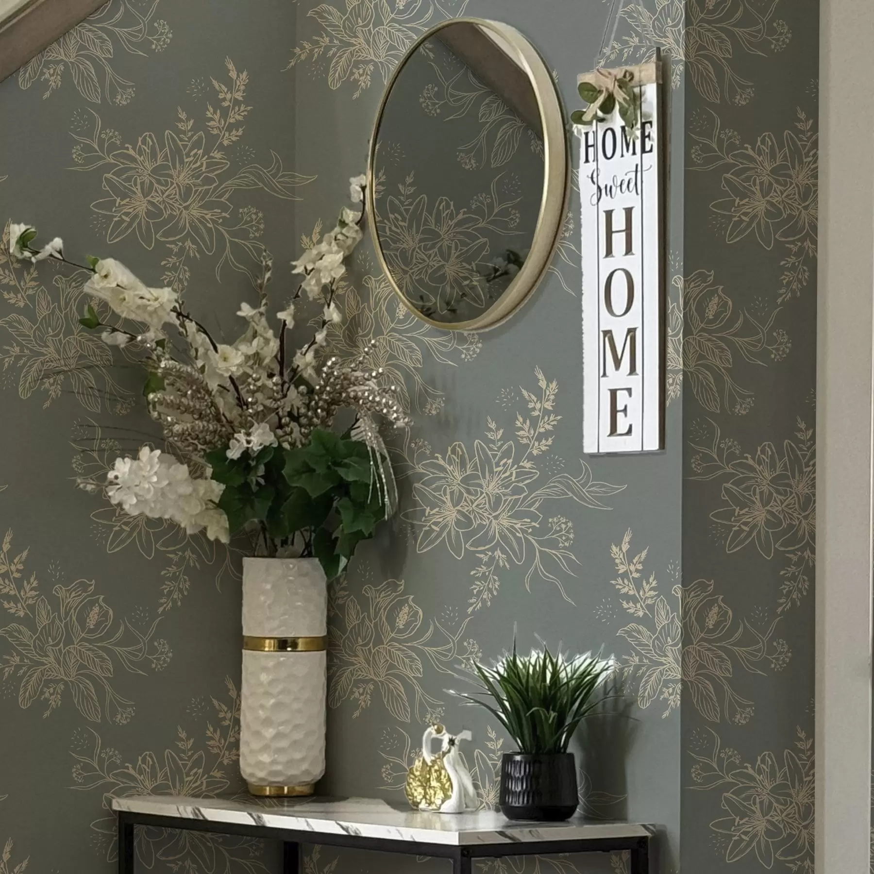 fototapet Flori de contur pe fundal albastru-cenușiu, model botanic elegant a00226