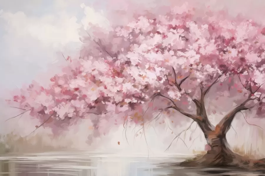 fototapet Copac abstract cu flori roz în plină înflorire, lângă un râu, tușe de pensulă cu textură moale și culori pastelate w09193