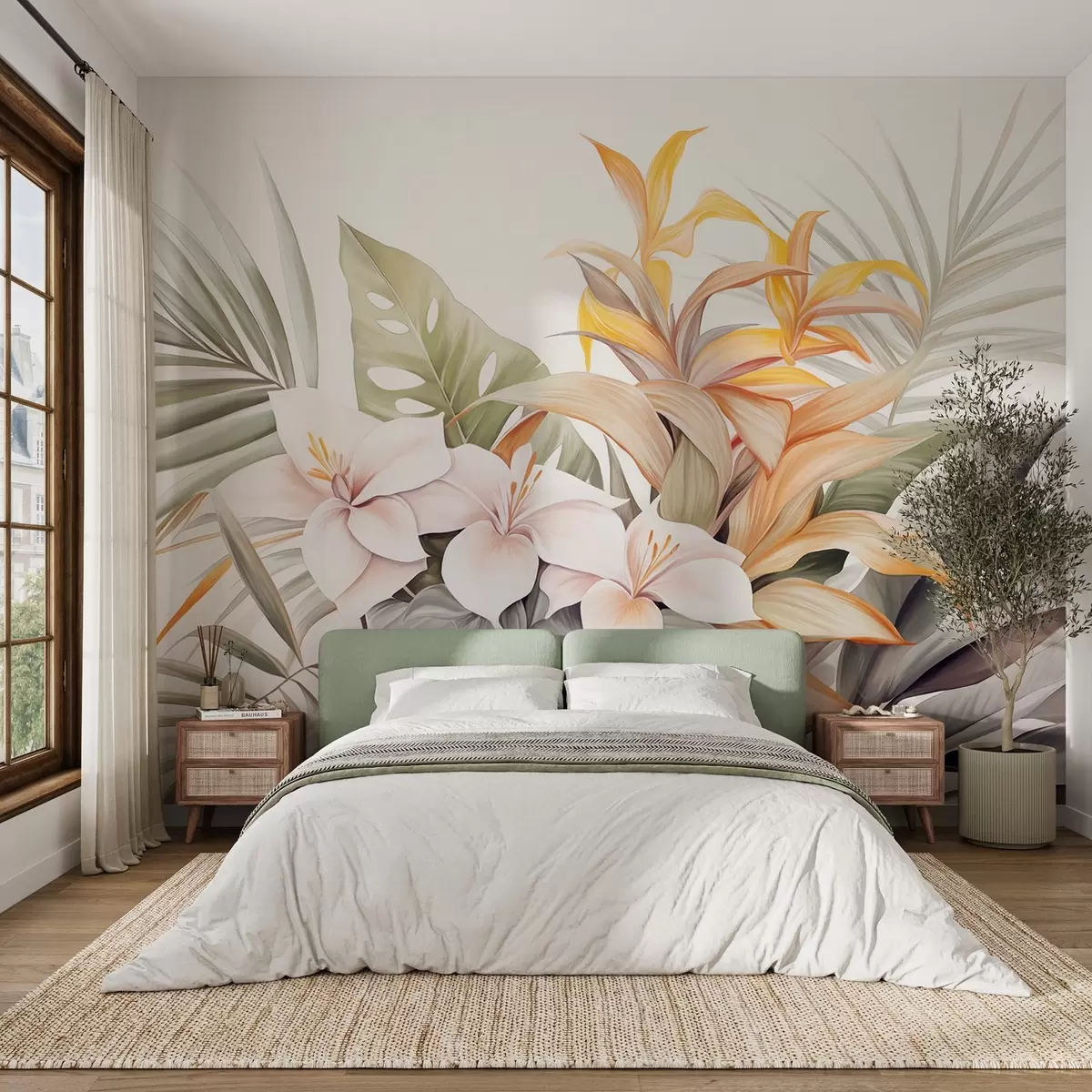 fototapet Ilustrație botanică de flori tropicale cu frunze de palmier și monstera, culori moi, stil acuarelă w09201
