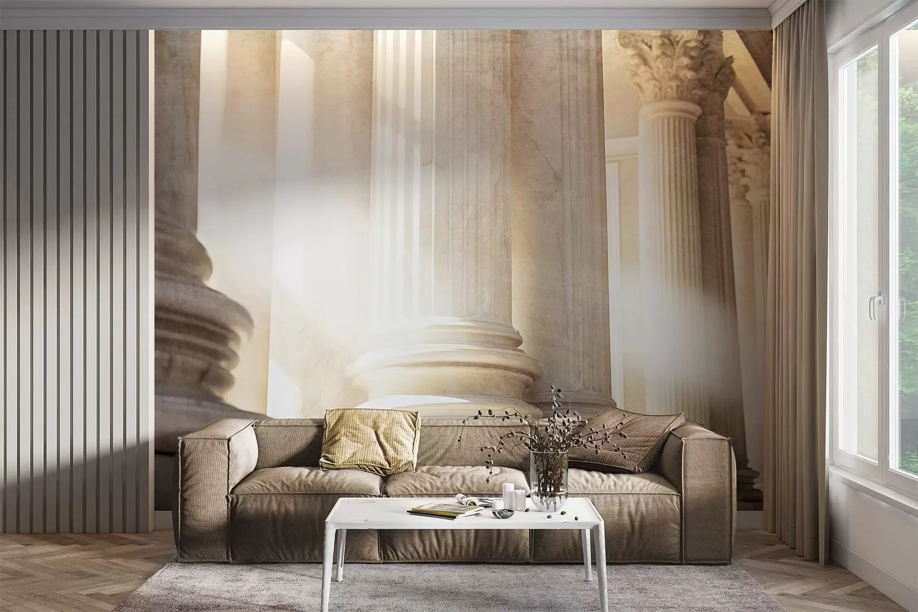 fototapet Coloane, arhitectură clasică, design elegant, compoziție simetrică texturată, paletă de culori neutre w09209
