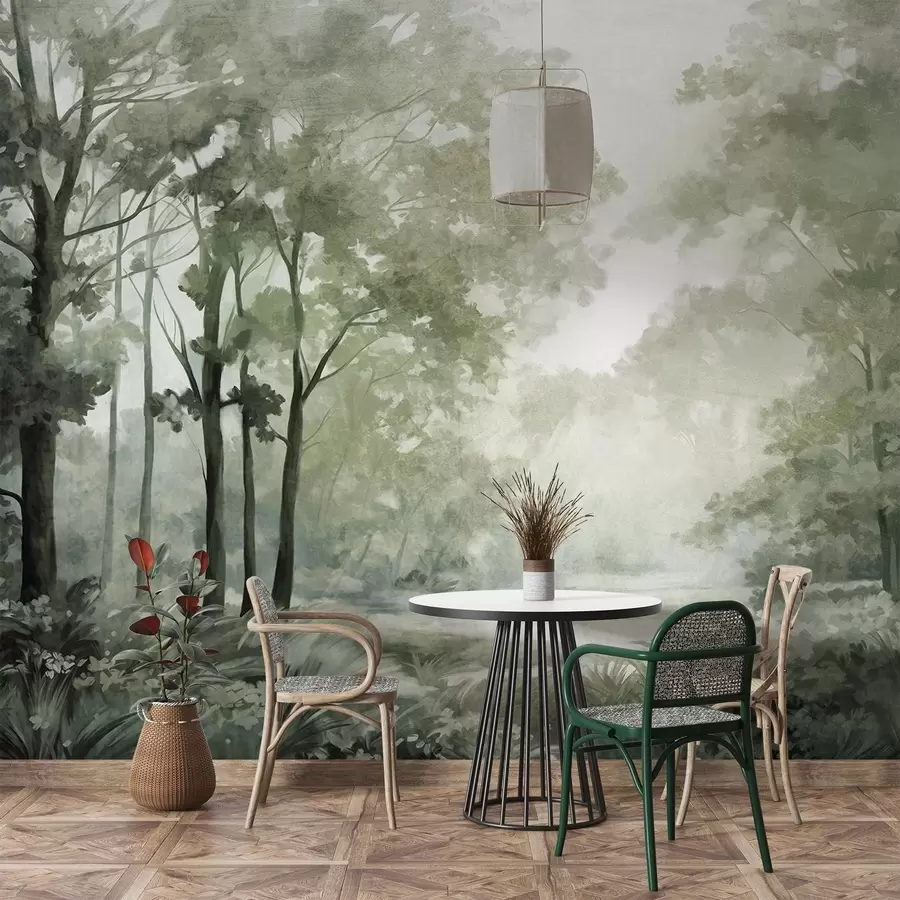 fototapet Peisaj forestier texturat, copaci cu frunze verzi, paletă de culori pastelate w09210v2