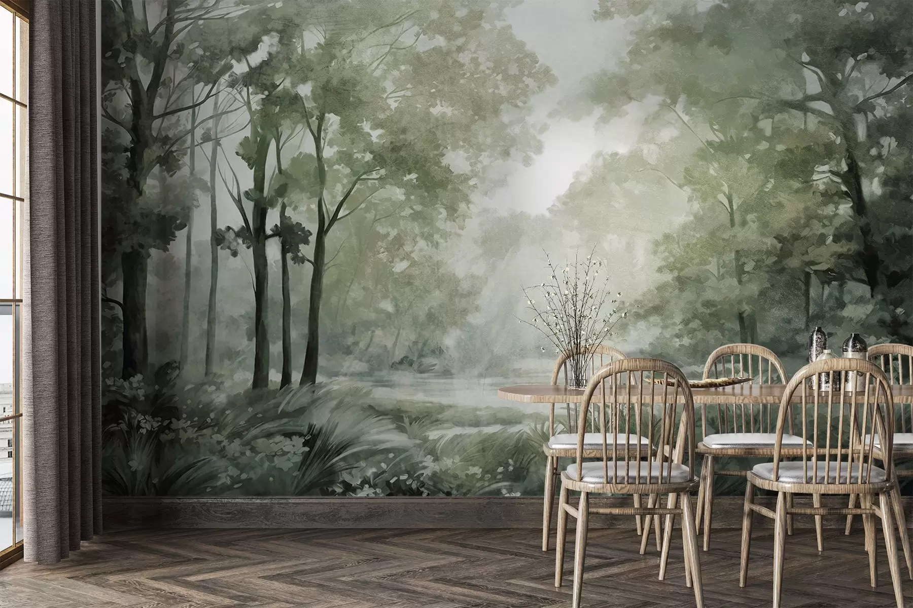 fototapet Peisaj forestier texturat, copaci cu frunze verzi, paletă de culori pastelate w09210v2