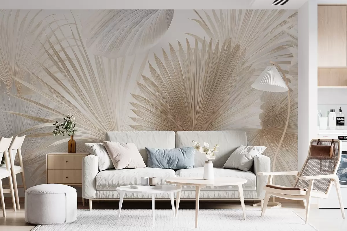 fototapet Ventilatoare moi cu frunze tropicale în tonuri de bej deschis și bleumarin w09084