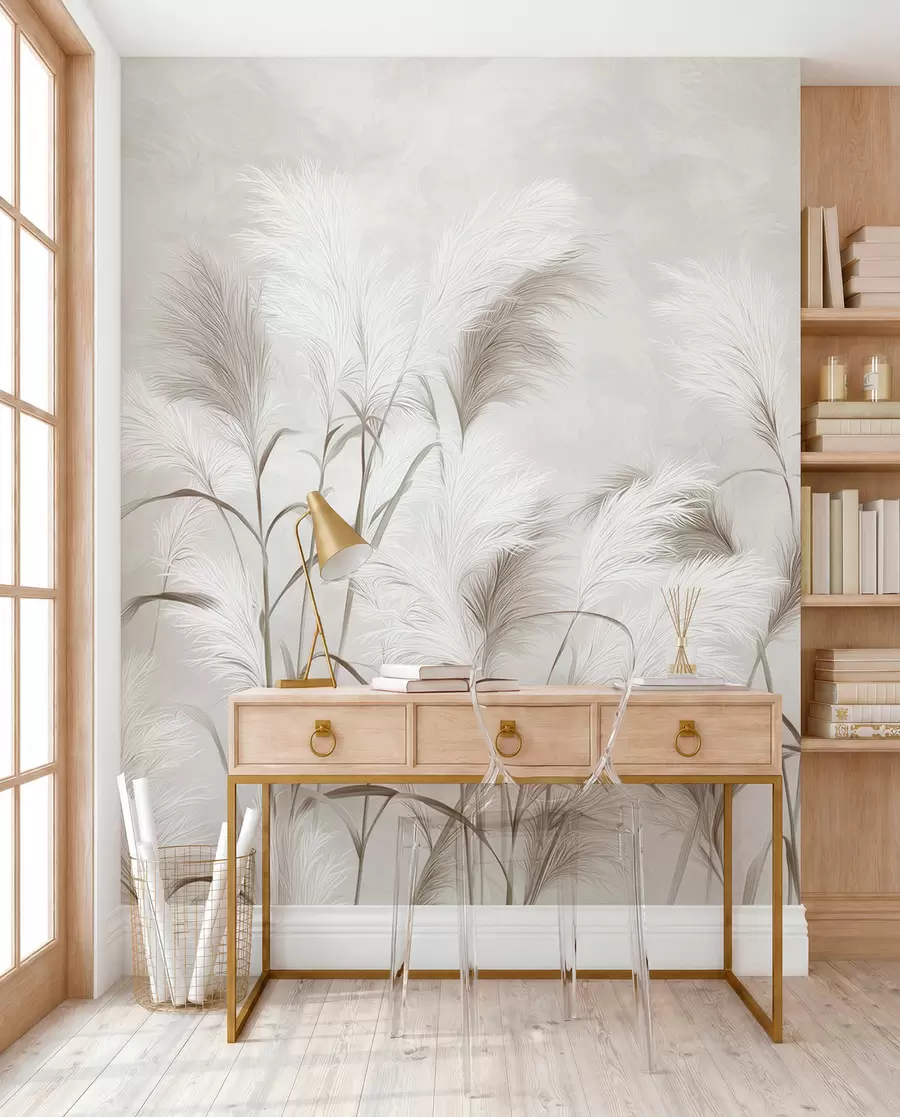 fototapet Iarba elegantă de pampas înflorește în tonuri gri și maro w09150