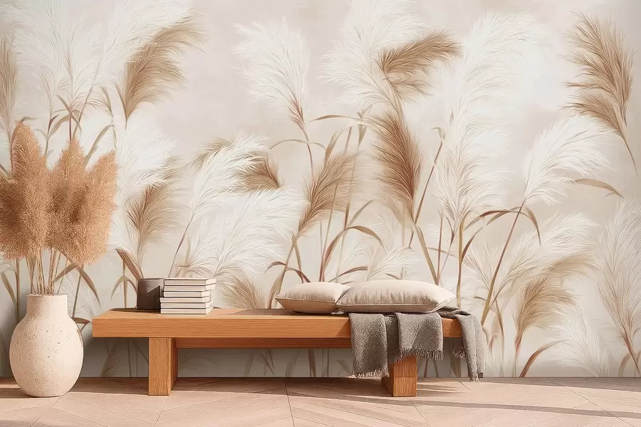 fototapet Iarba de pampas elegantă înflorește în tonuri moi de bej și lăptos w09150v1