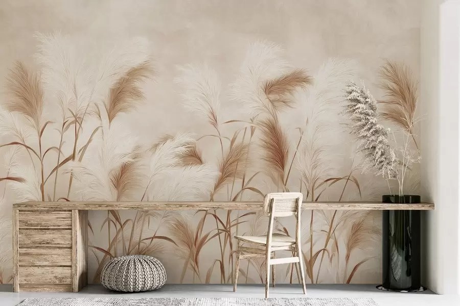 fototapet Iarba de pampas elegantă înflorește în tonuri moi de bej și lăptos w09150v1
