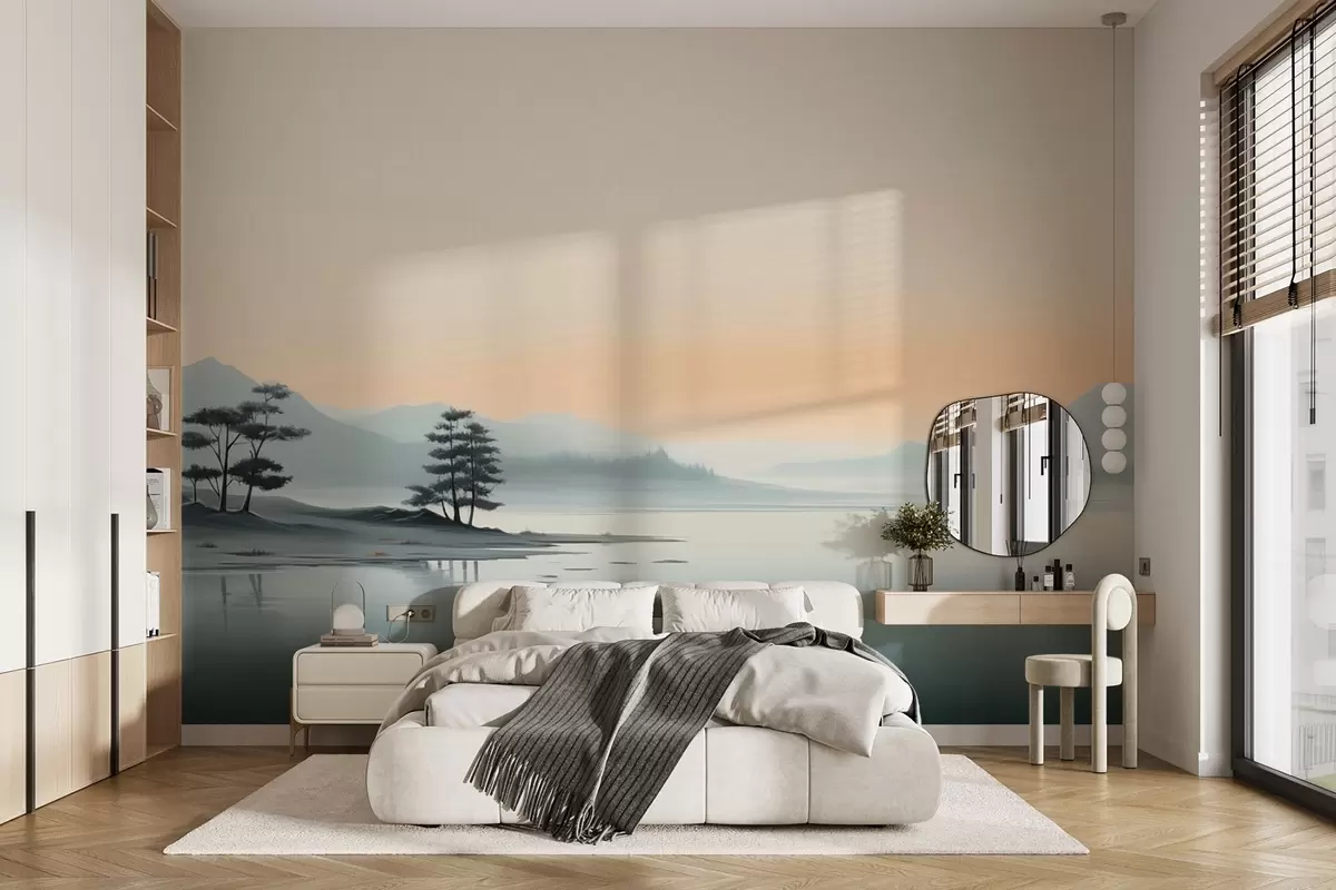 fototapet Peisaj minimalist cu munți cețoși și un lac w09151