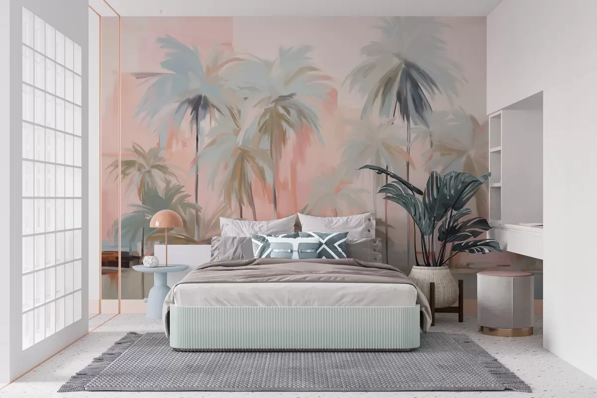 fototapet Abstract minimalist pastel palmieri tropicali, pe un fundal de nuanțe moi de roz și piersică w09212