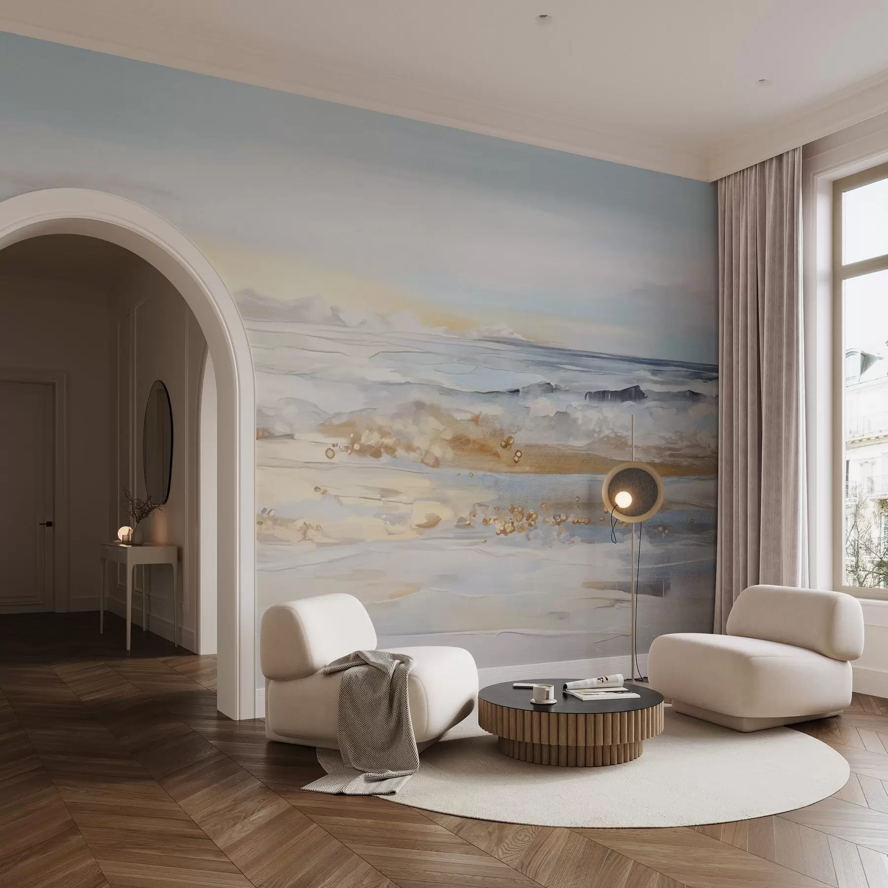 fototapet Abstract texturat peisaj ocean valuri crashing pe o plajă de nisip, culori pastelate moi, cer albastru cu nori de lumină w09234