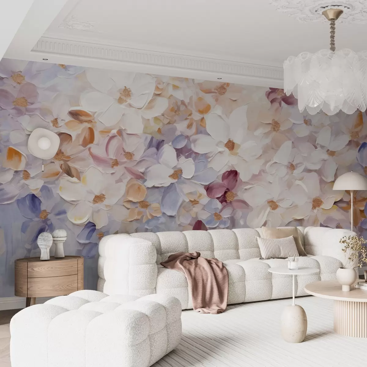 fototapet Imitație de pictură în ulei a unei grădini de flori cu flori albe, roz și portocalii, tușe moi, culori pastelate atenuate w09236