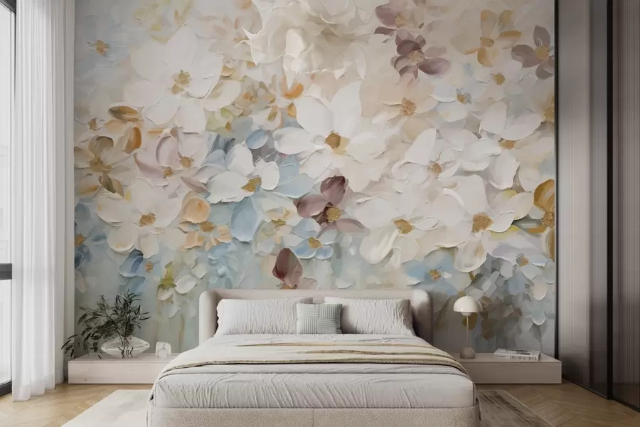 fototapet Imitație de pictură în ulei a unei grădini de flori cu flori albe, albastre și portocalii, tușe moi, culori pastelate atenuate w09236v1