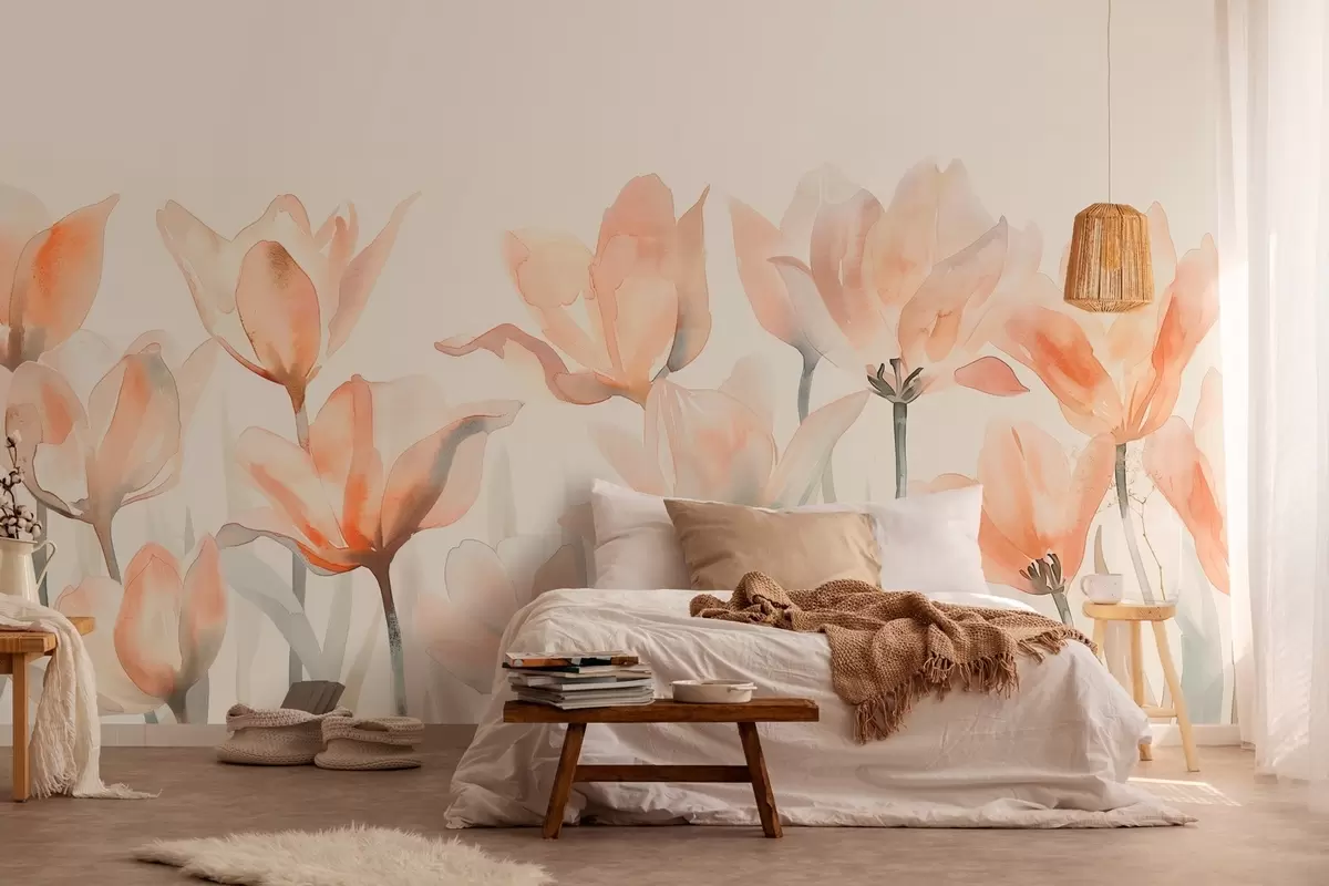 fototapet lalele proaspete de acuarelă care cresc de jos w04204