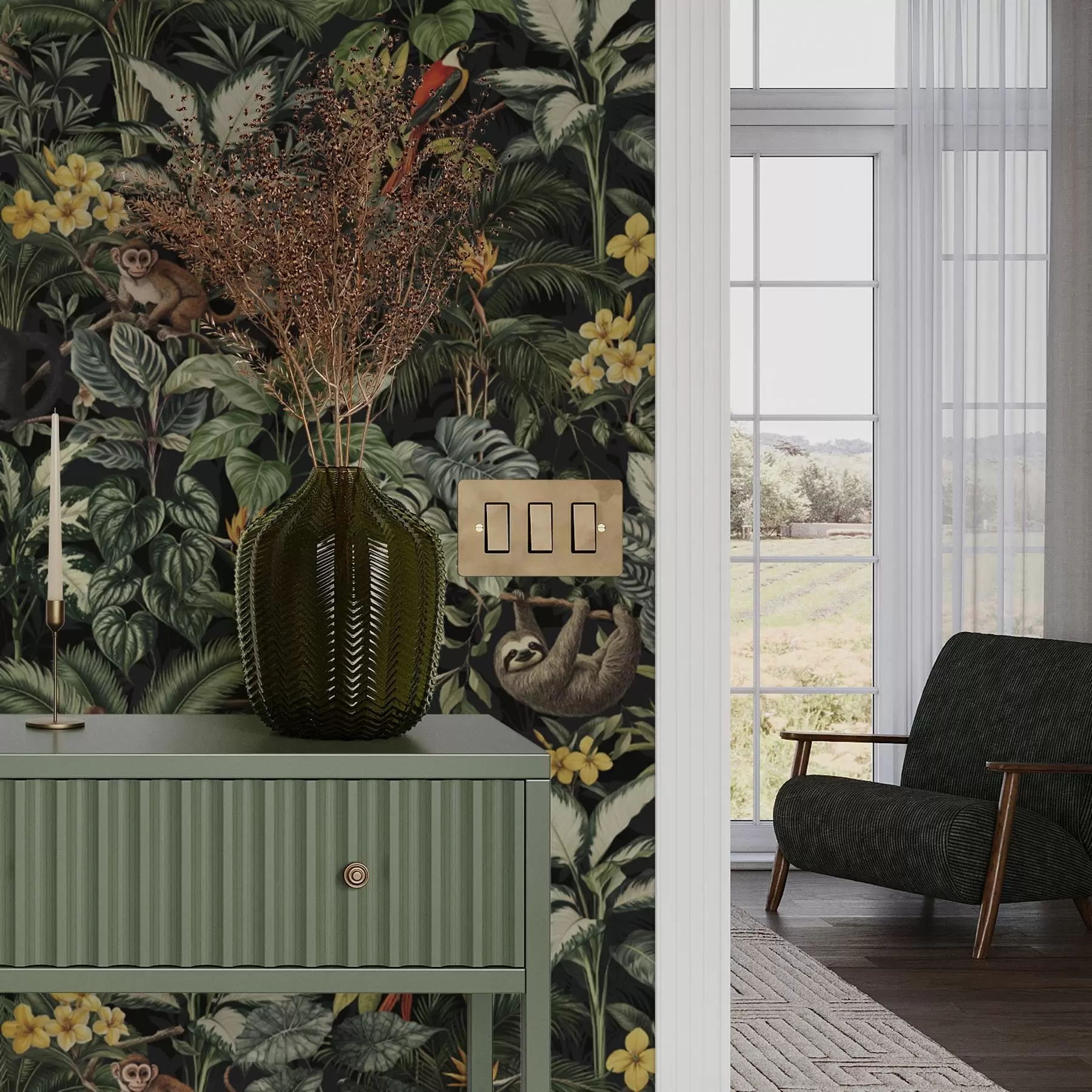 fototapet Junglă tropicală cu maimuțe, păsări și frunziș dens a00191