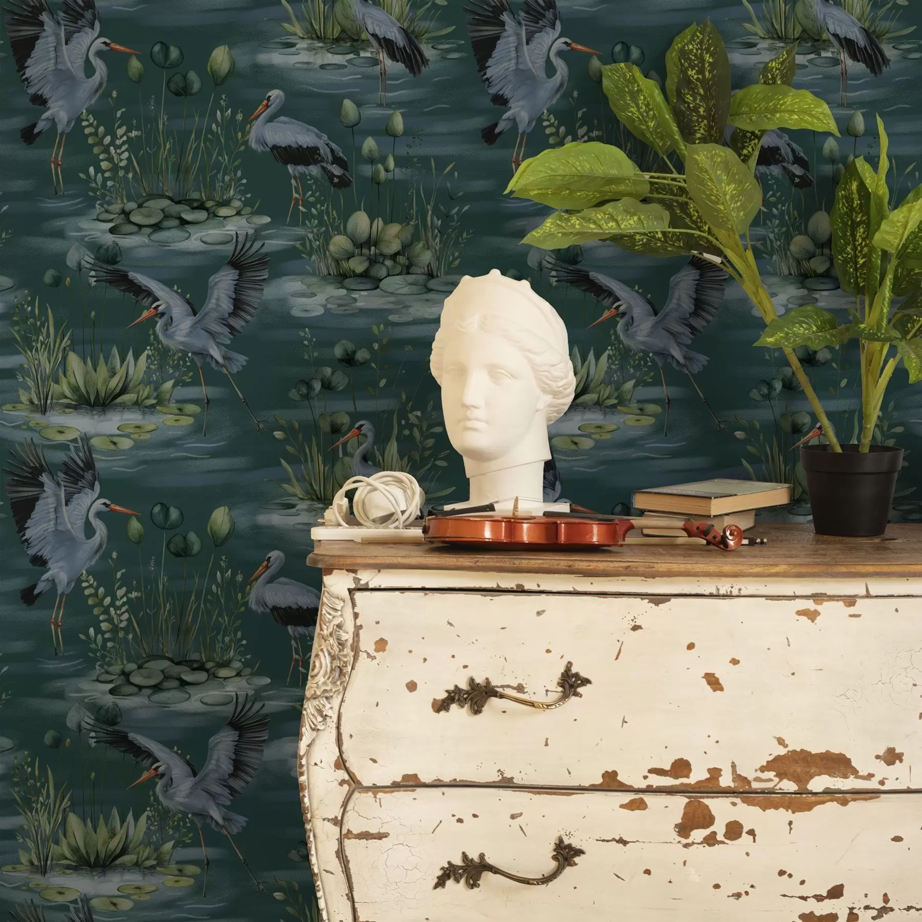 fototapet Scene cu heroni pe fundalul iazurilor și nuferilor a00202