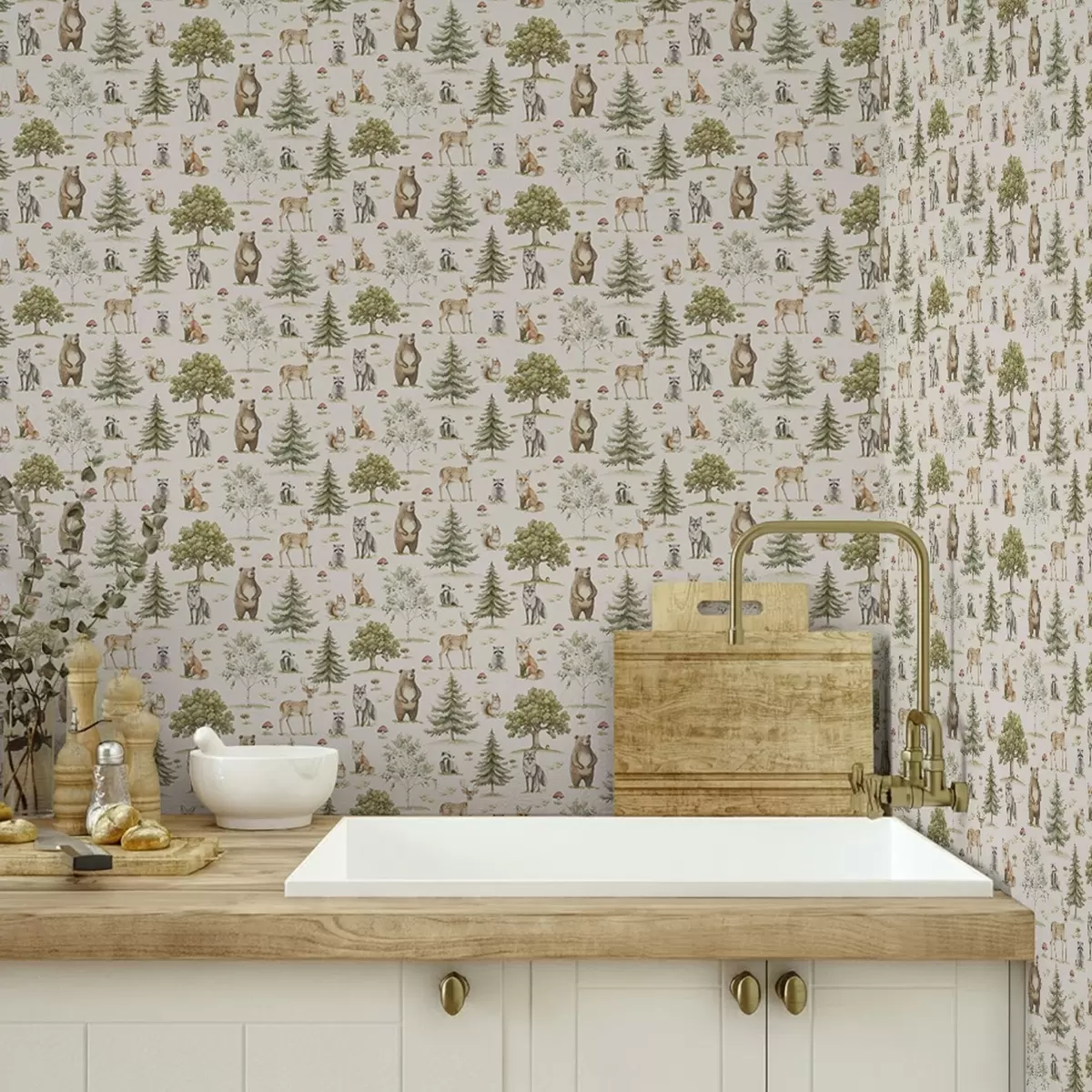 Wallpaper Animale de pădure în stil acuarelă moale, copaci și ciuperci a00212