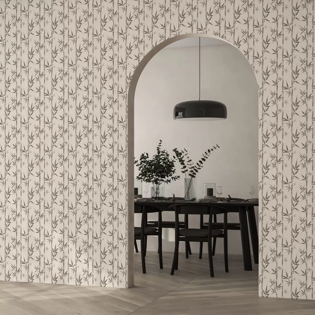 Wallpaper Model de bambus bej cu frunze în stil japonez a00236