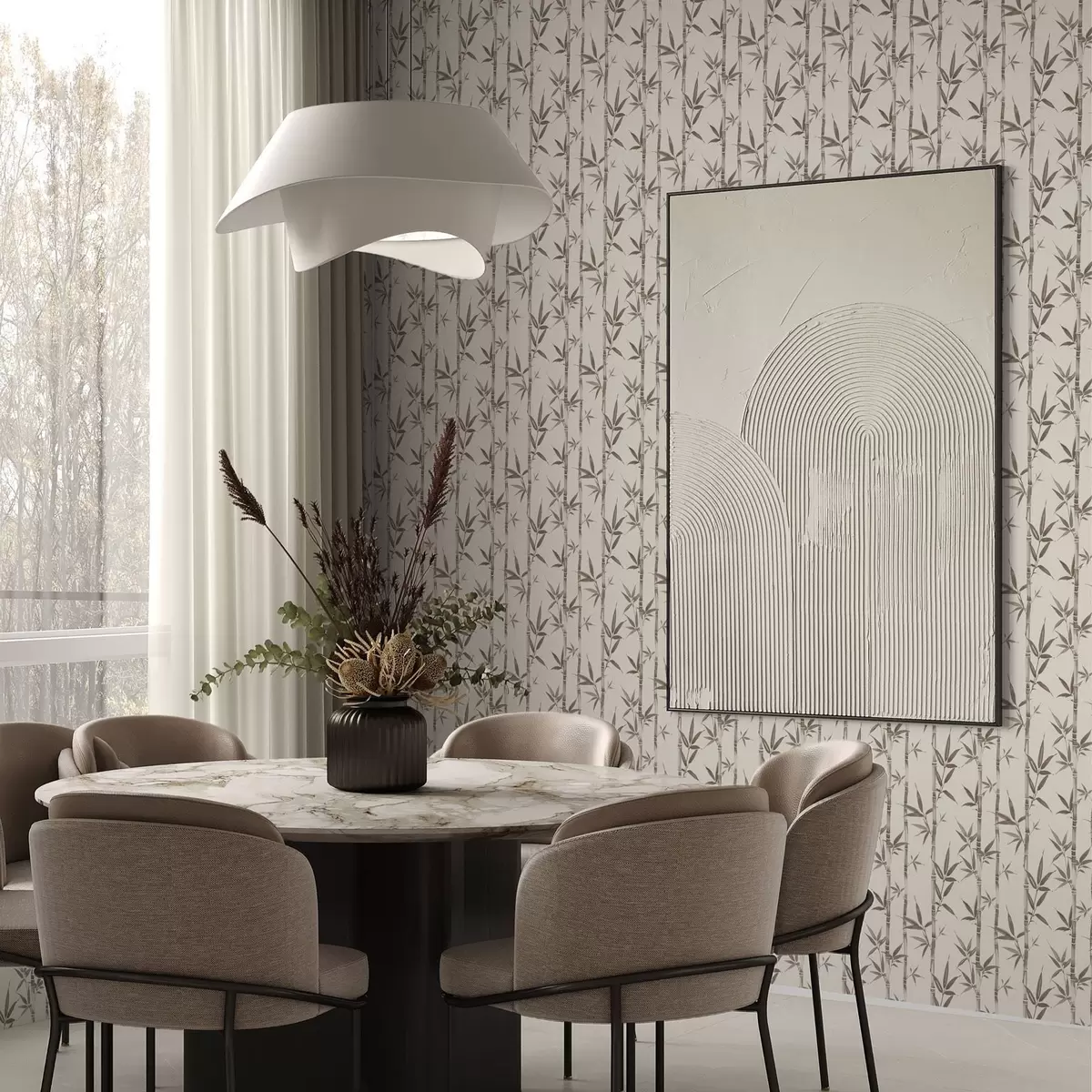 Wallpaper Model de bambus bej cu frunze în stil japonez a00236