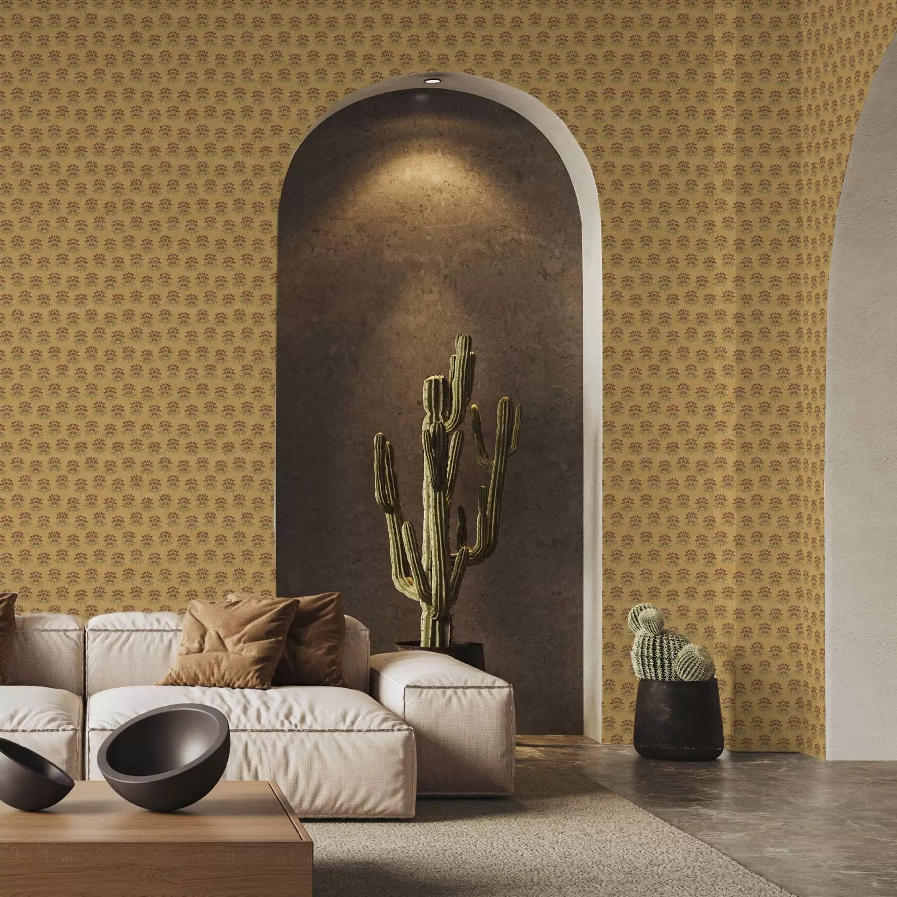 fototapet Model floral retro cu lotusuri pe fundal galben a00238