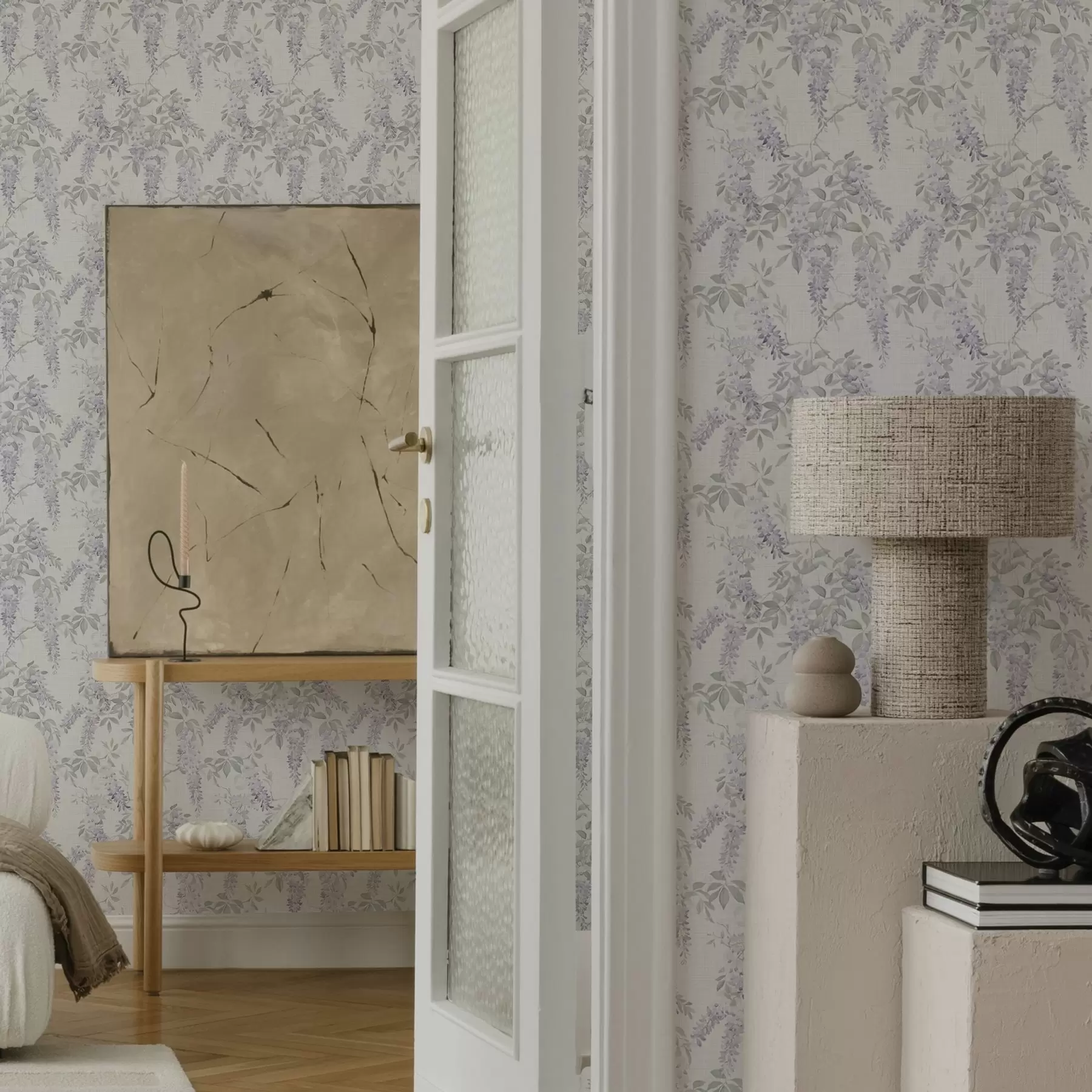 fototapet Lilac wisteria pe fundal alb, stil acuarelă a00239