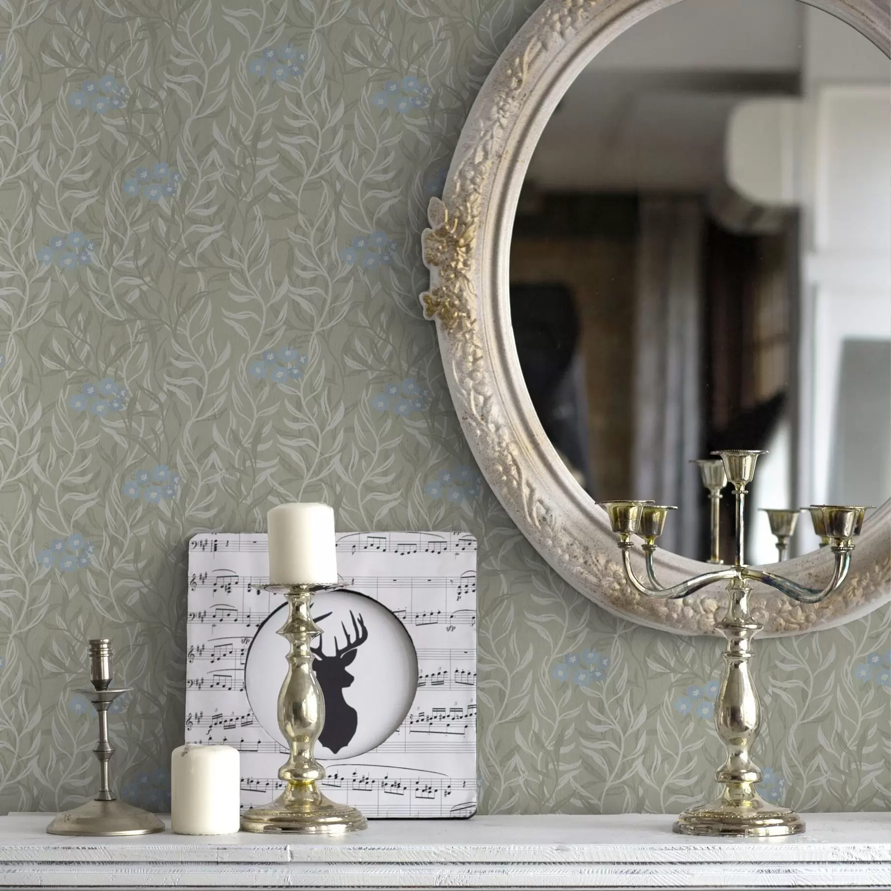 fototapet Fundal verde cu ramuri albe și flori albastre a00268v1