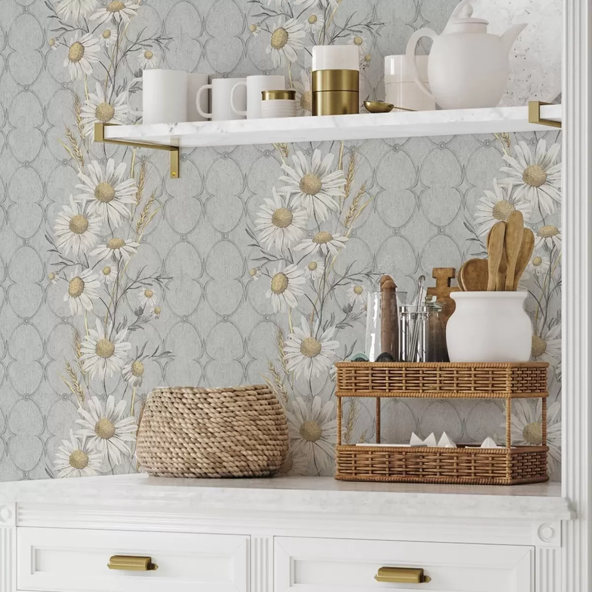 Wallpaper Margarete pe fundal gri cu model geometric a00269