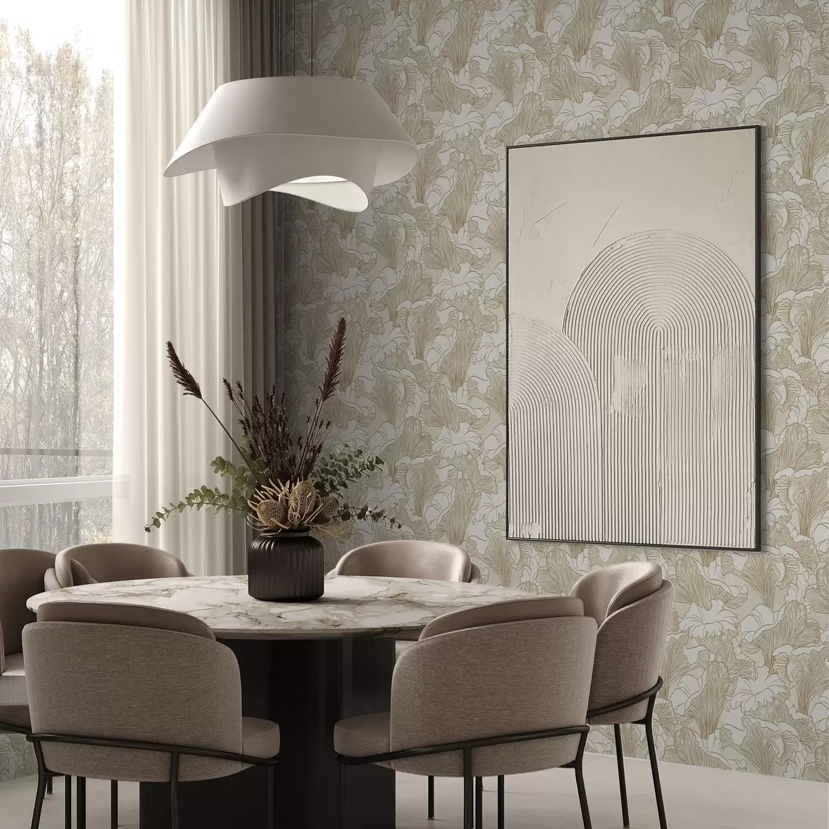 Wallpaper Ciuperci Chanterelle, desen de linie pe fundal crem a00275