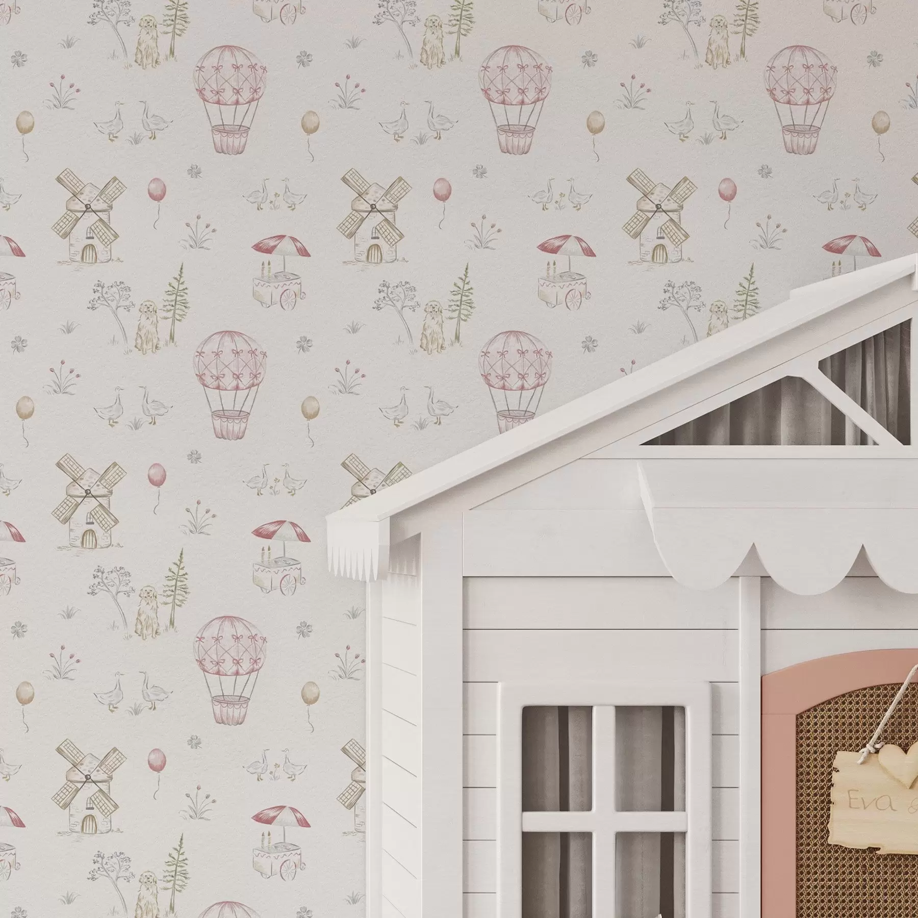 fototapet Ilustrații pentru copii: Câine, rațe, mingi, moară a00278