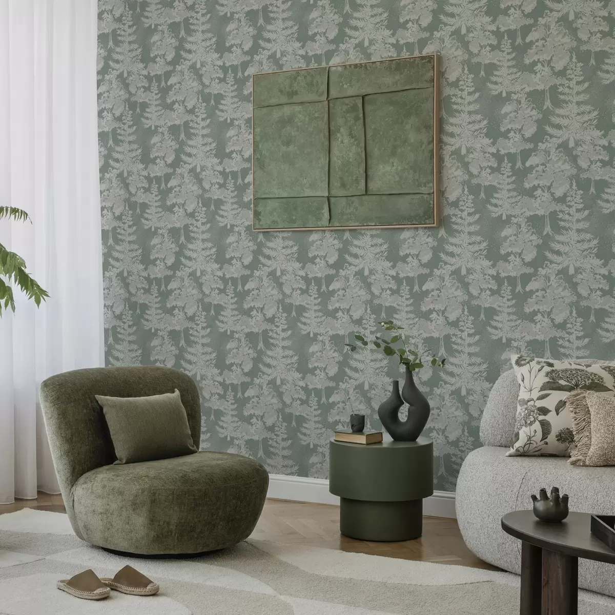 Wallpaper Copaci conifere în stil cretă pe verde a00280