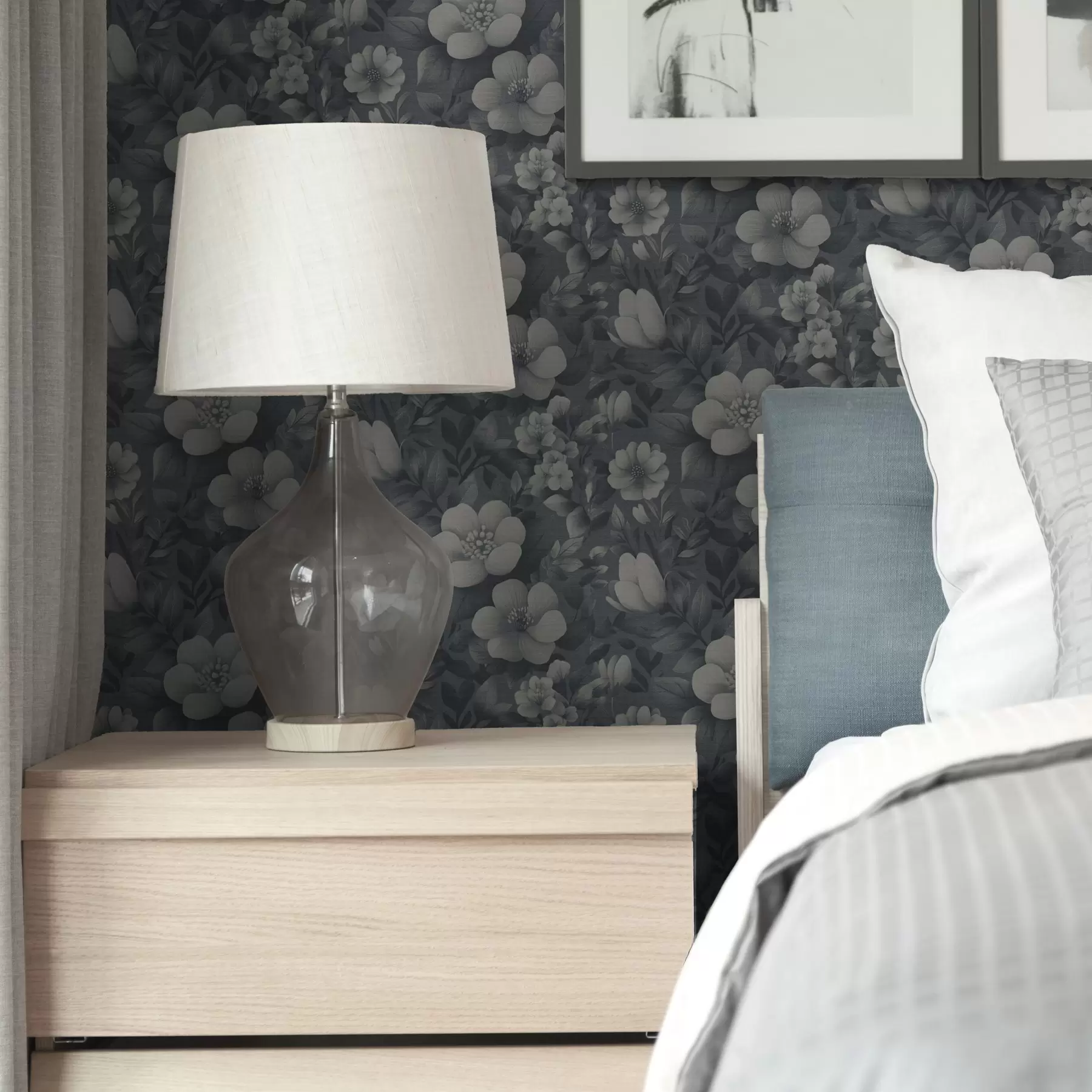 fototapet Model albastru închis cu flori albe voluminoase a00282