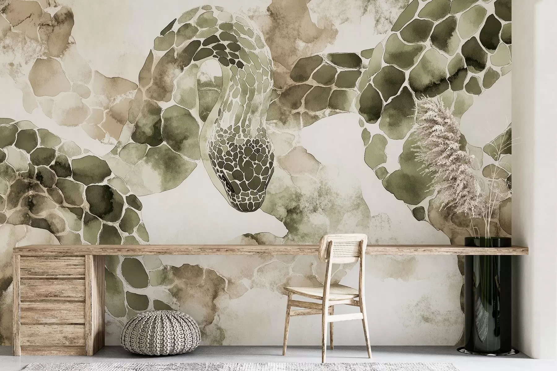 fototapet Siluetă șarpe, stil acuarelă, culori de măsline w04113v3