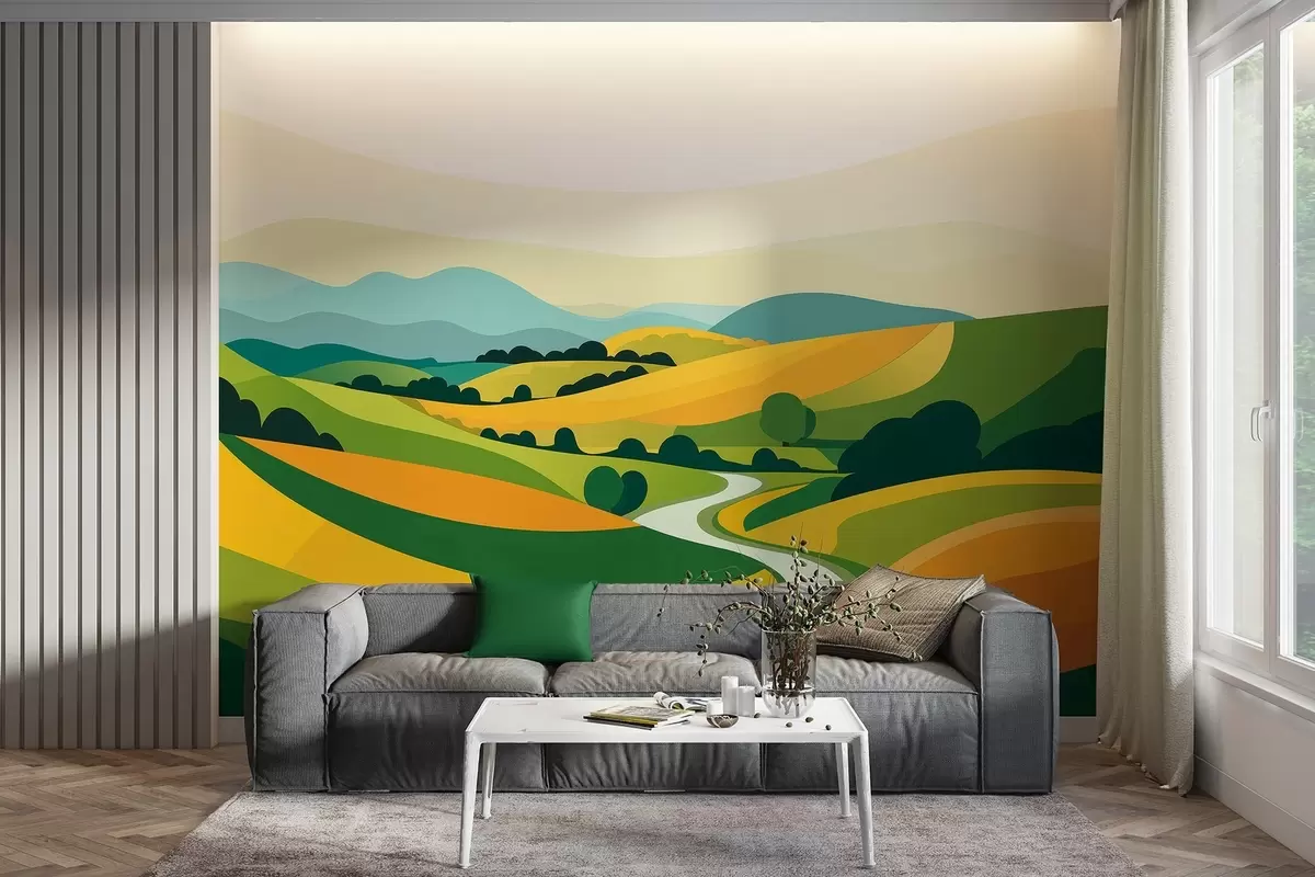 fototapet Peisaj abstract cu dealuri și copaci, culori vii w04116